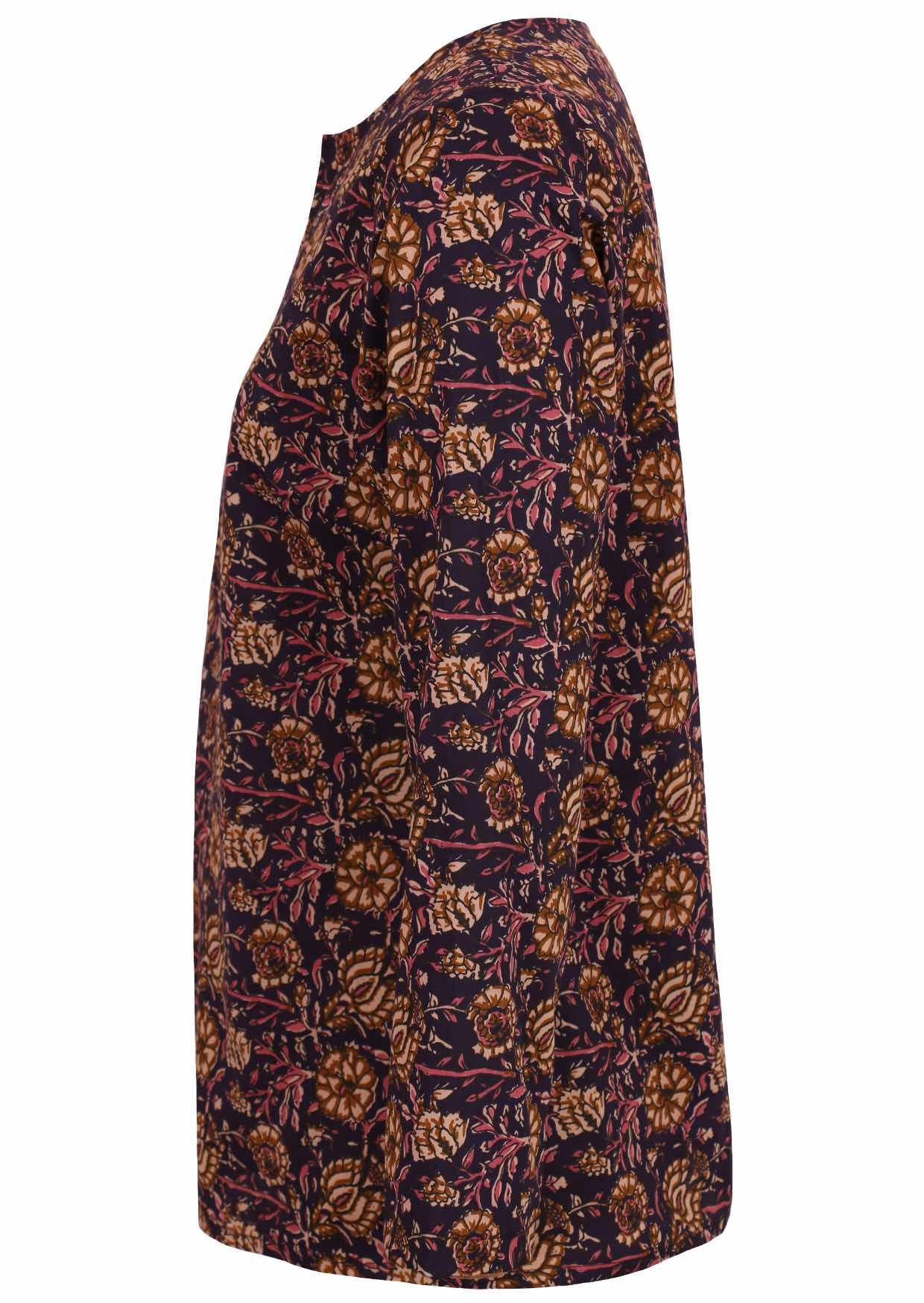 Side image of dark purple cotton top with floral print and full length sleeves.