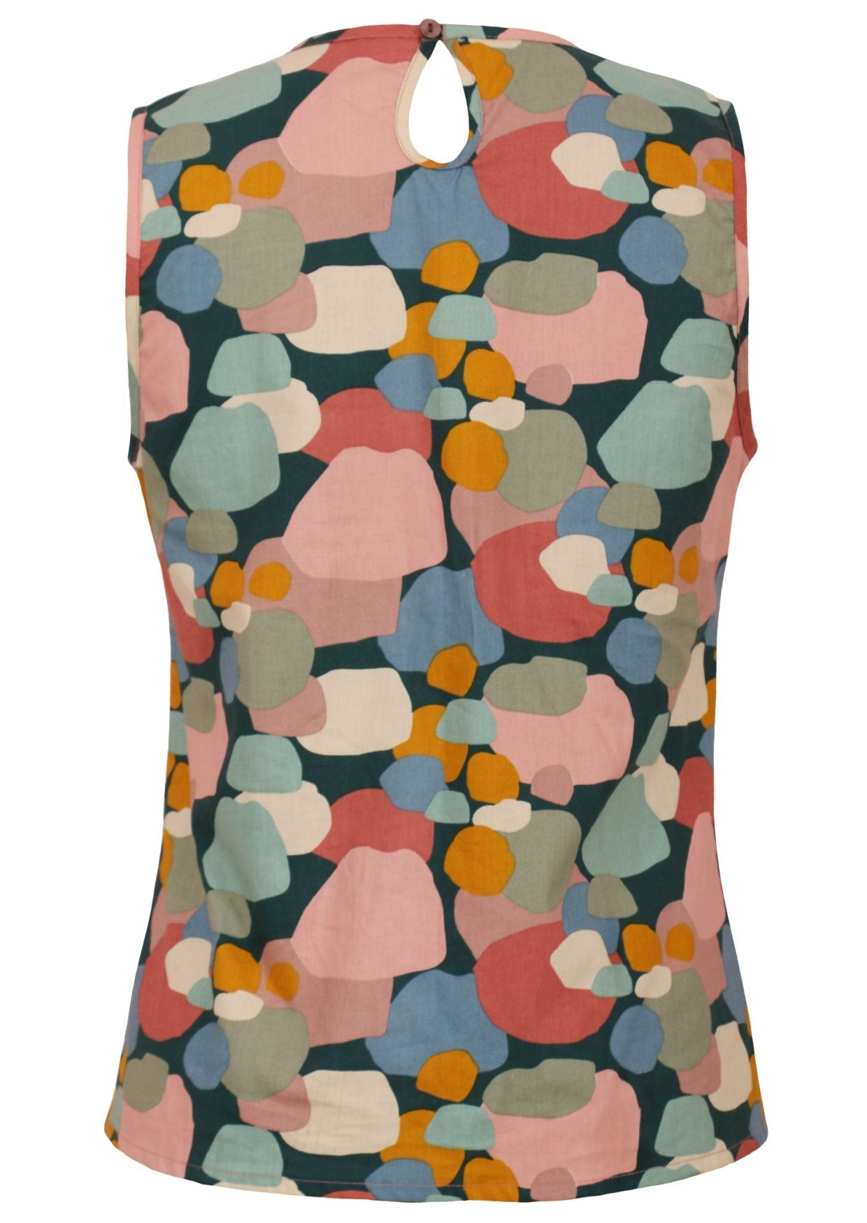 Sleeveless cotton top in colorful abstract print and keyhole button at the back of the neck.