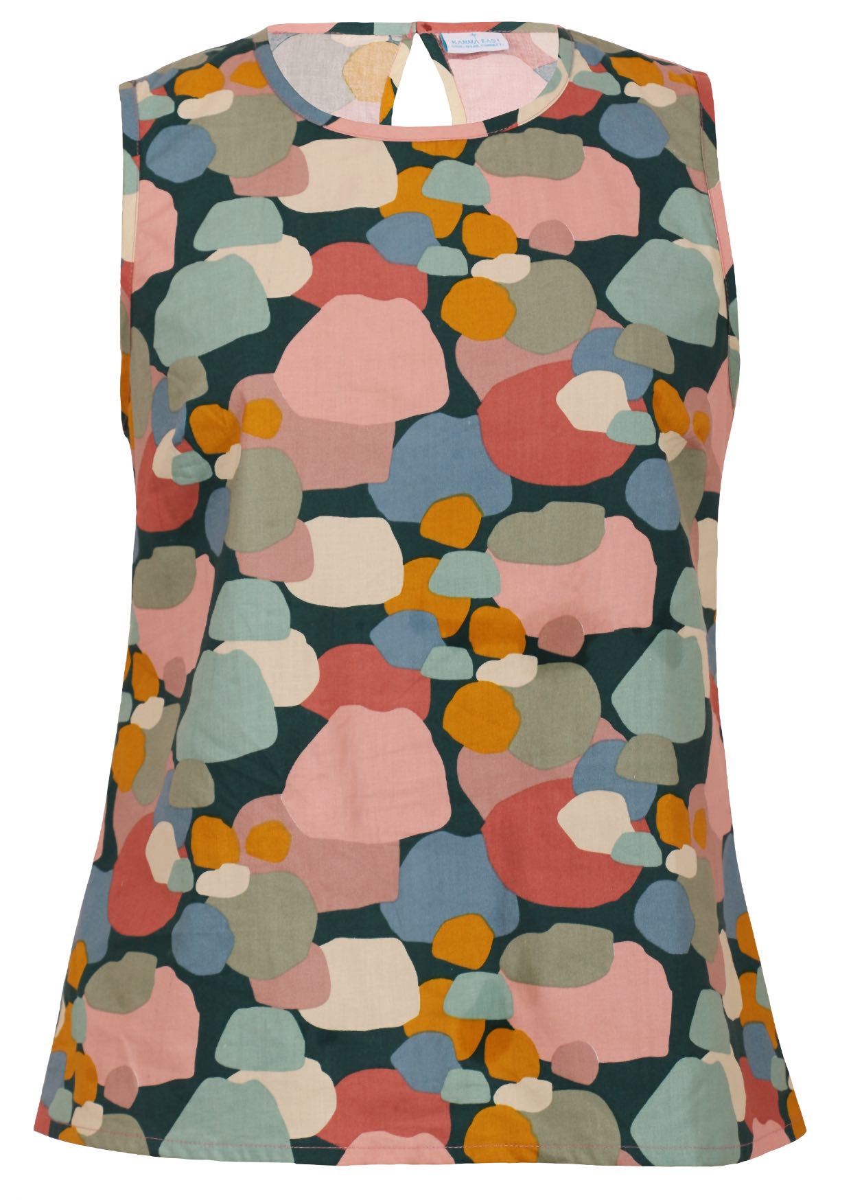 100% cotton stylish relaxed fit, sleeveless top in pastel spotty print with piping details at neckline and armhole.