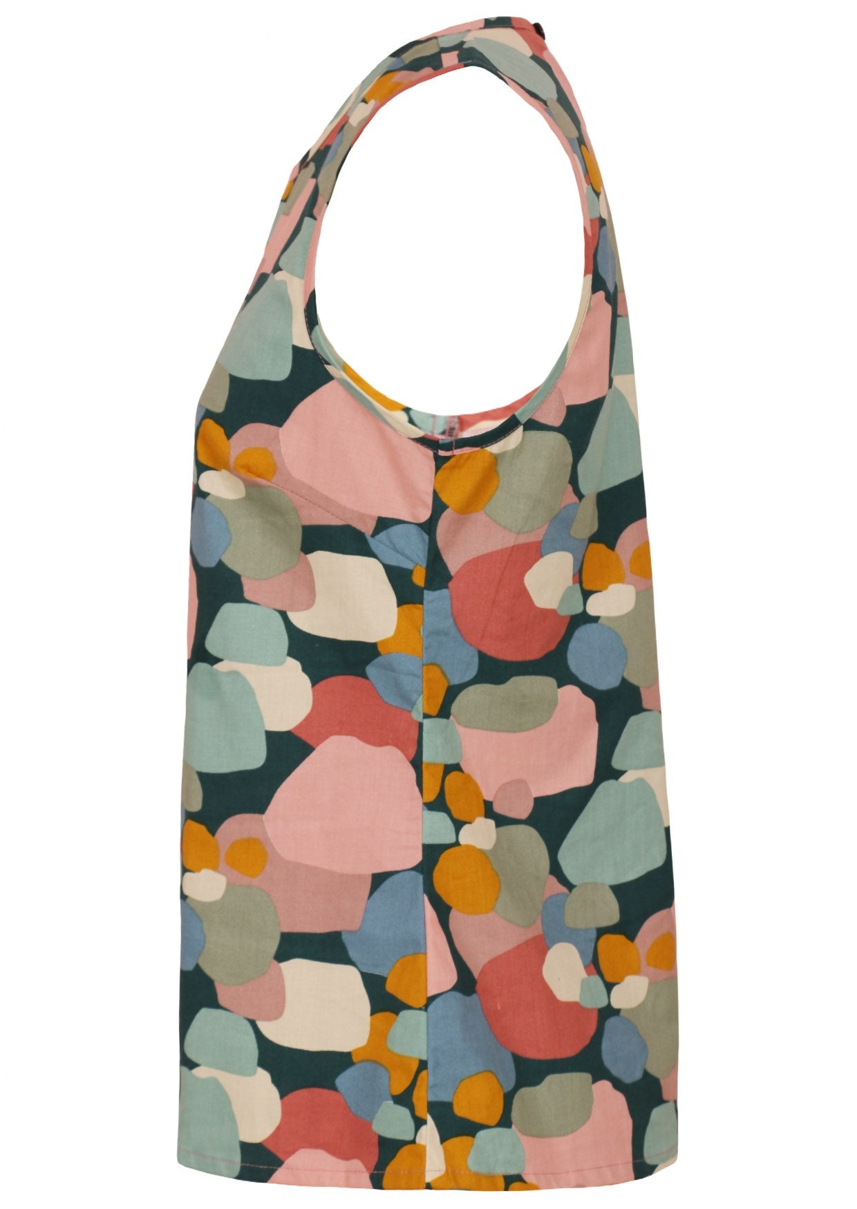 Side view of sleeveless cotton top with side bust darts.