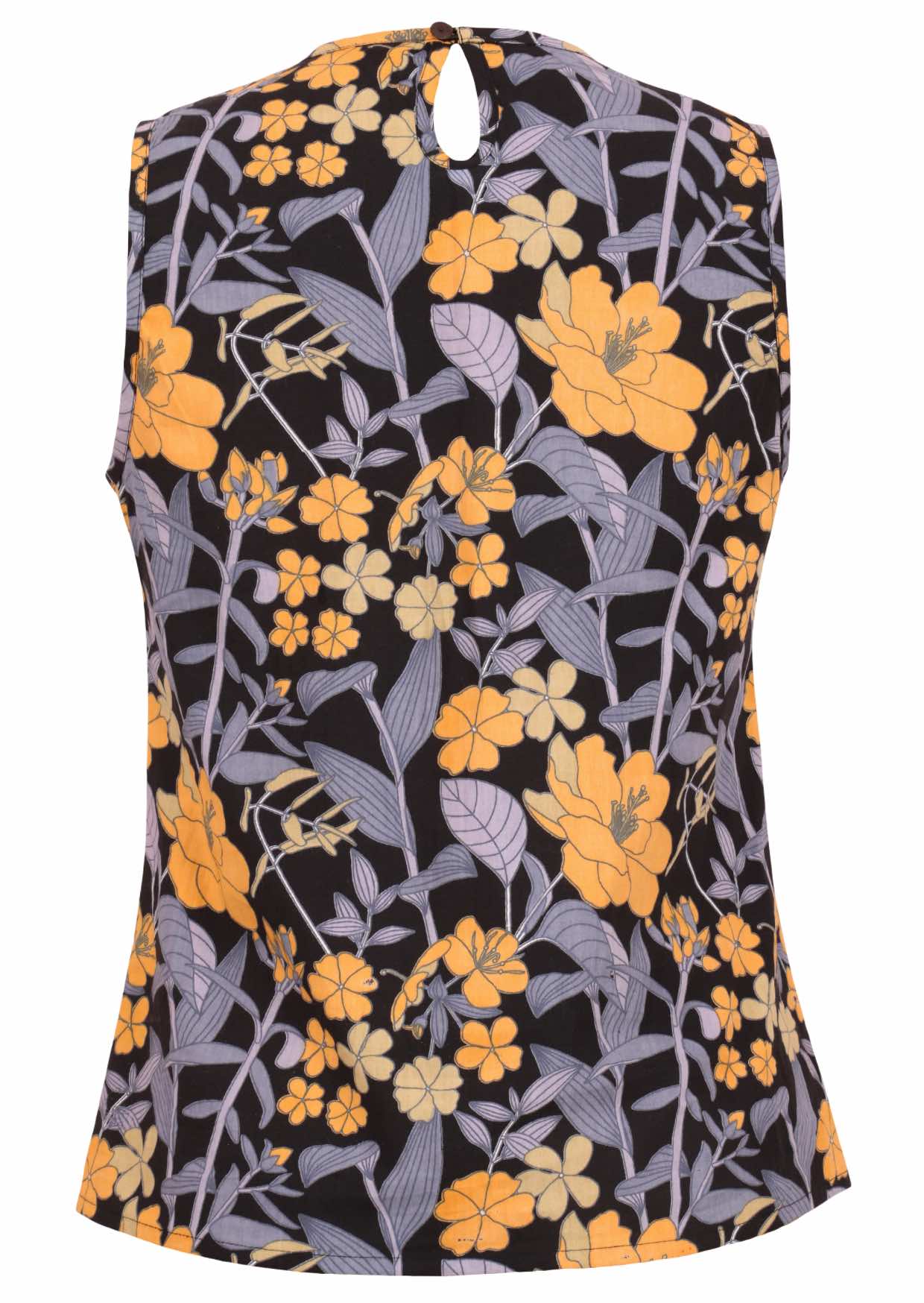 Sleeveless cotton top with a yellow, green and grey on a black base floral print, with a button at the nape of neck
