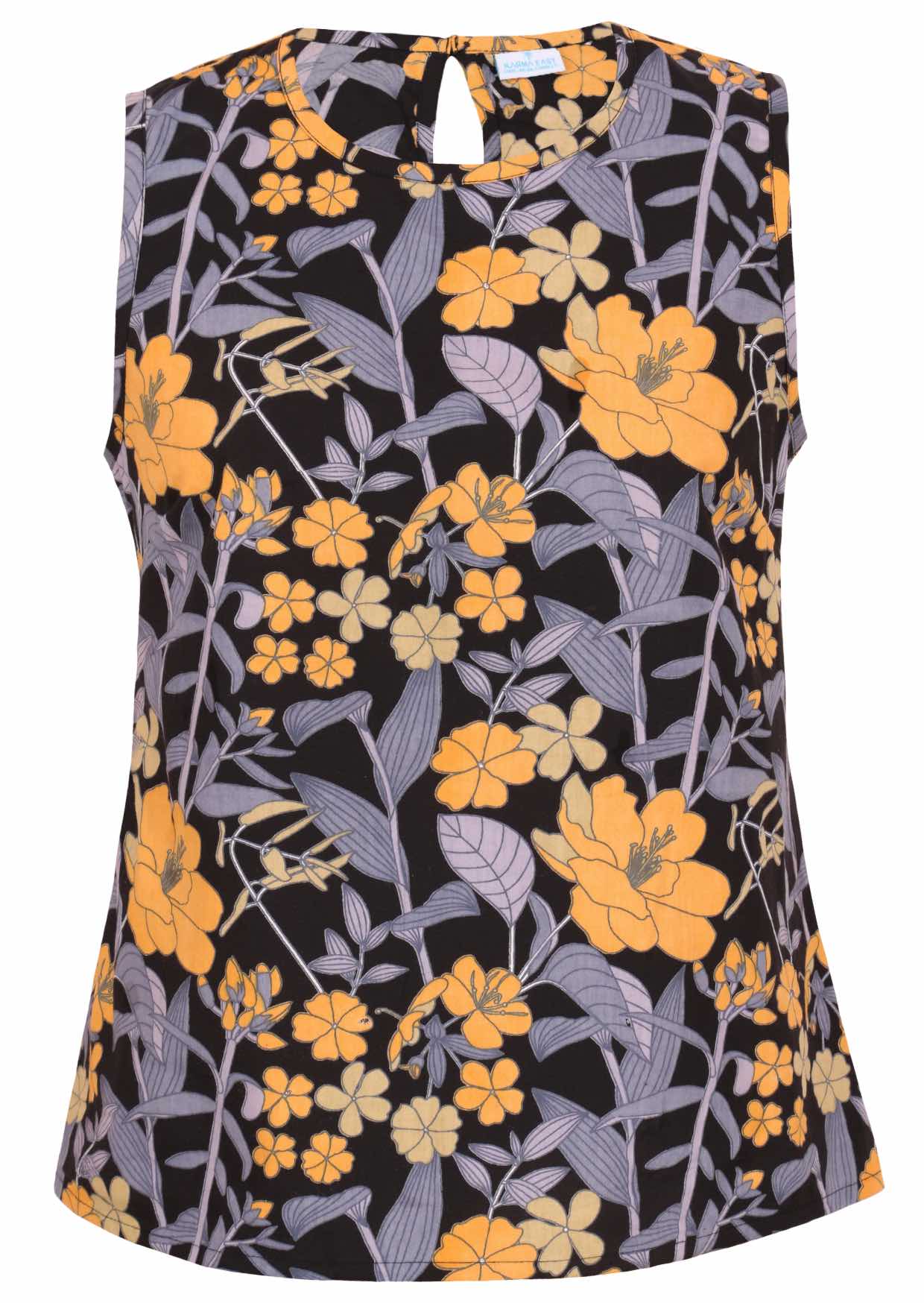 Sleeveless cotton top with a yellow, green and grey on a black base floral print