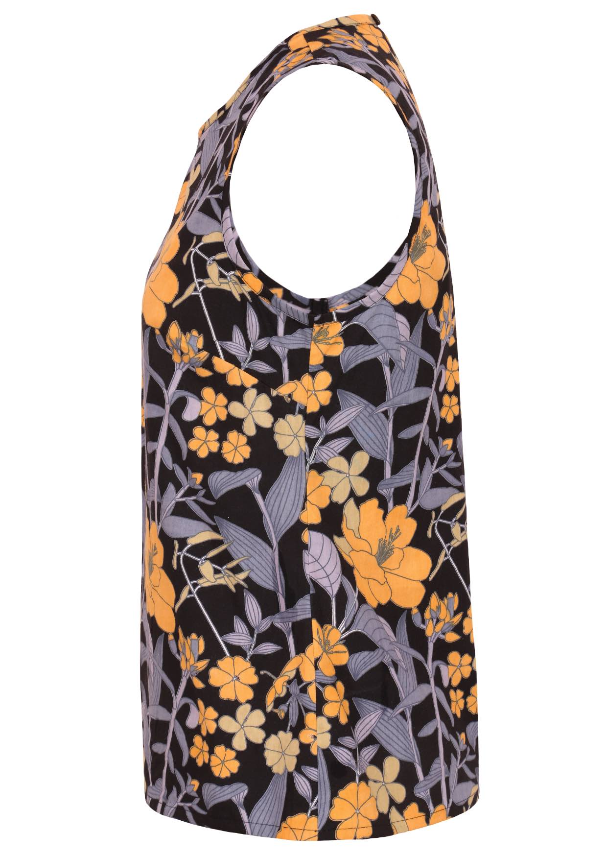 Sleeveless hip length cotton top with a yellow, green and grey on a black base floral print