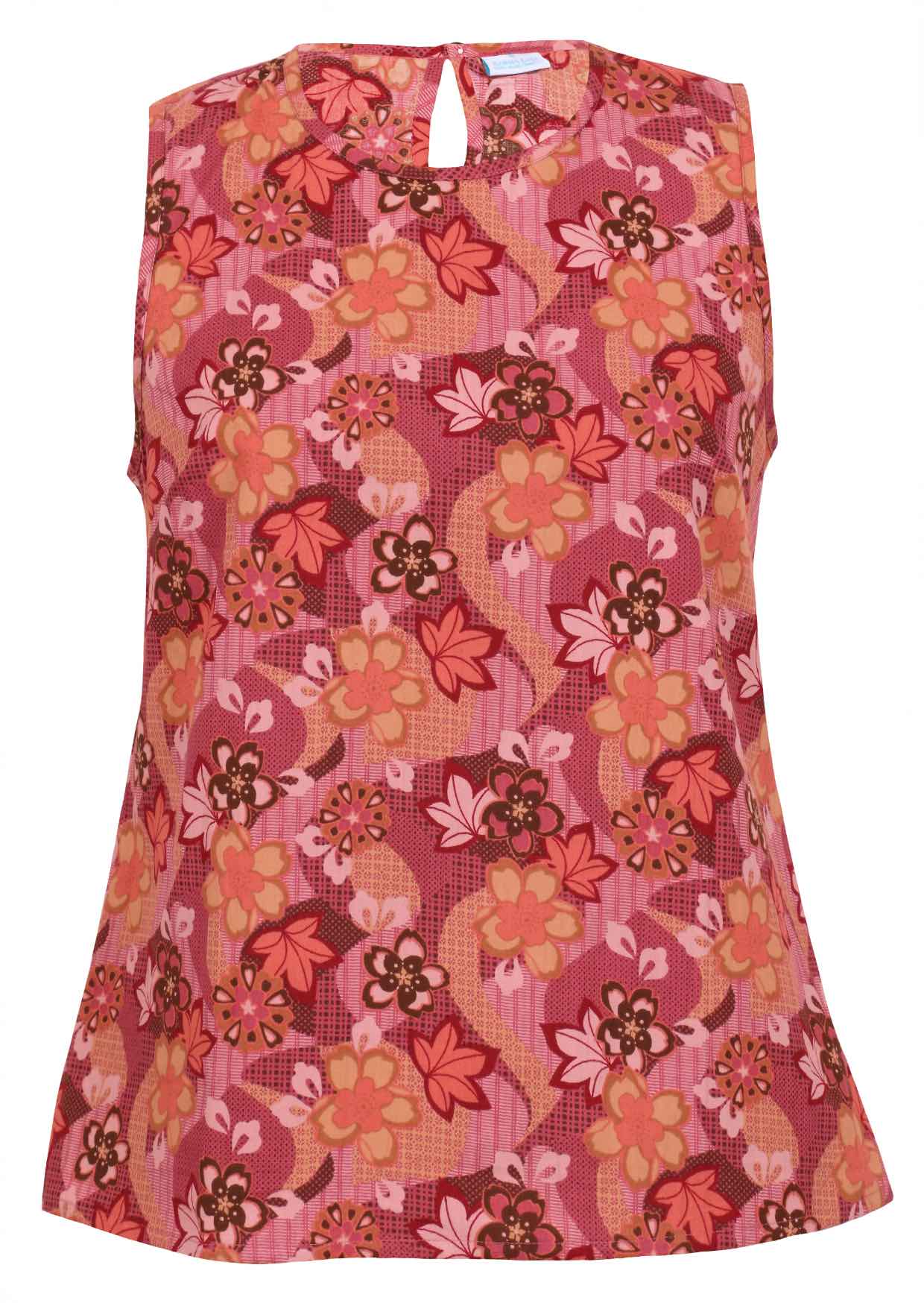 Round neckline cotton top with Japanese-style print in pink, maroon, brown, peach, and khaki tones.