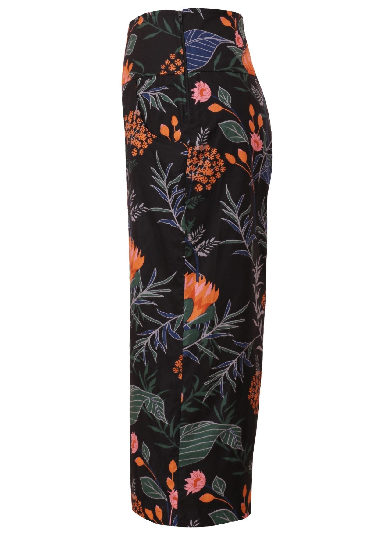 Side view of black botanic print wide leg cotton pants with 3/4 length, pockets and side zipper