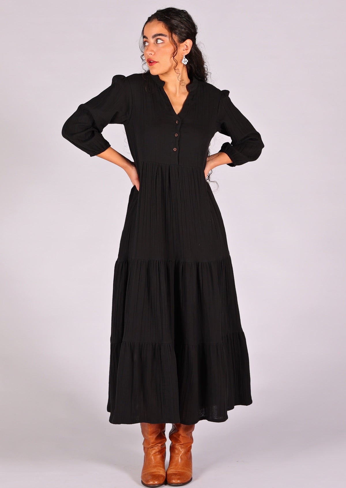 Make a statement in this double cotton tiered maxi dress in wardrobe staple black