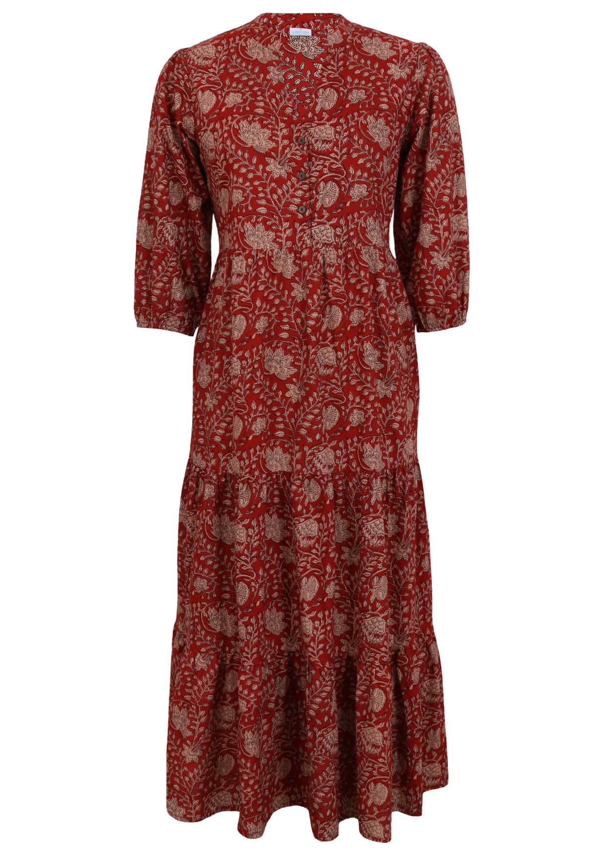 100% cotton, red based tiered maxi dress with buttoned bodice and mandarin collar