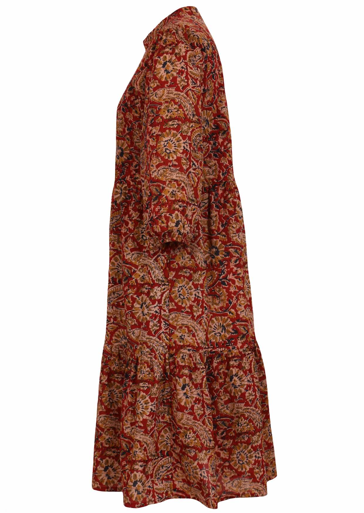 Lightweight cotton red floral relaxed fit dress with 3/4 sleeves and hidden side pockets.