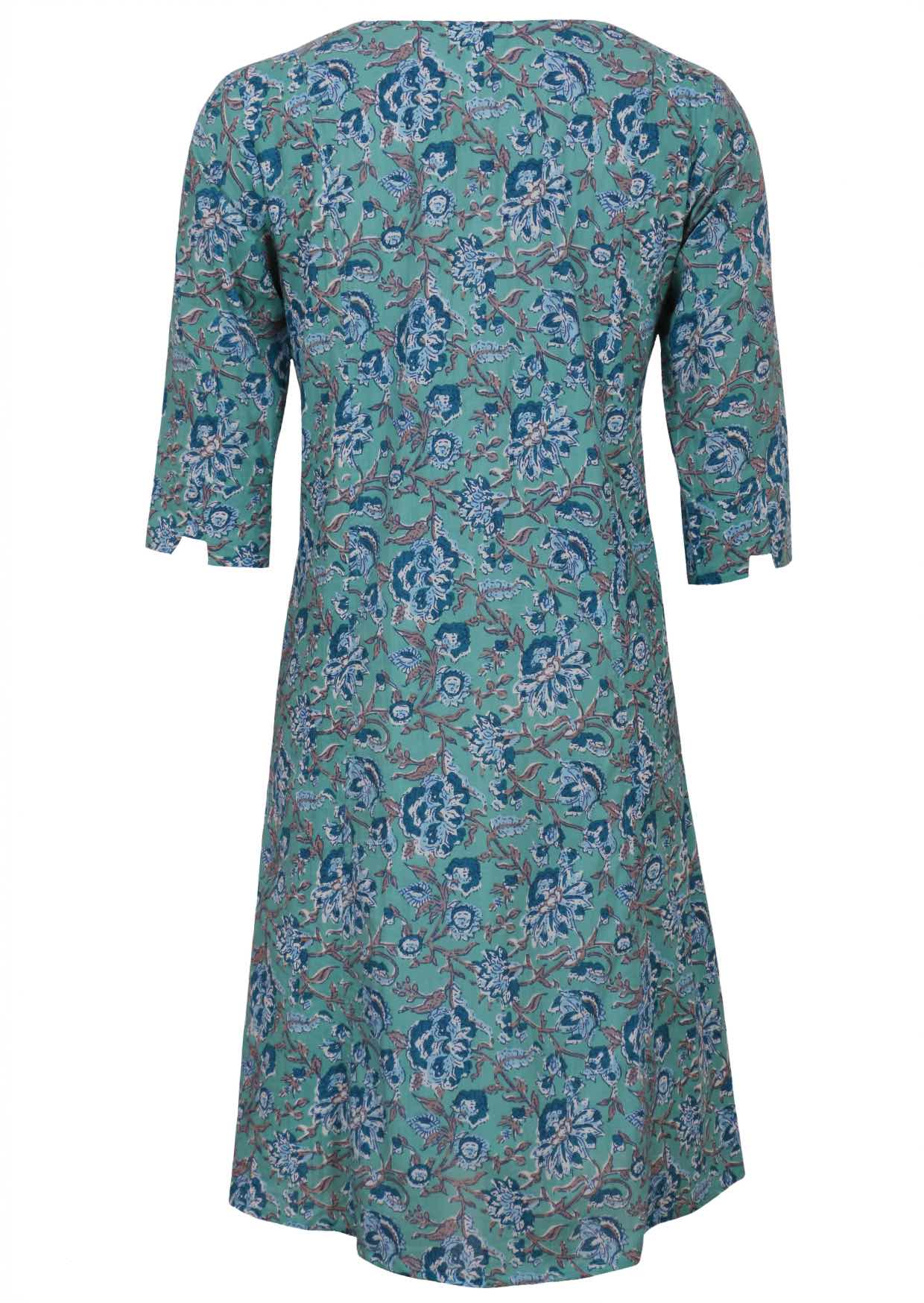 Light blue floral printed cotton dress with stylish 3/4 sleeves.