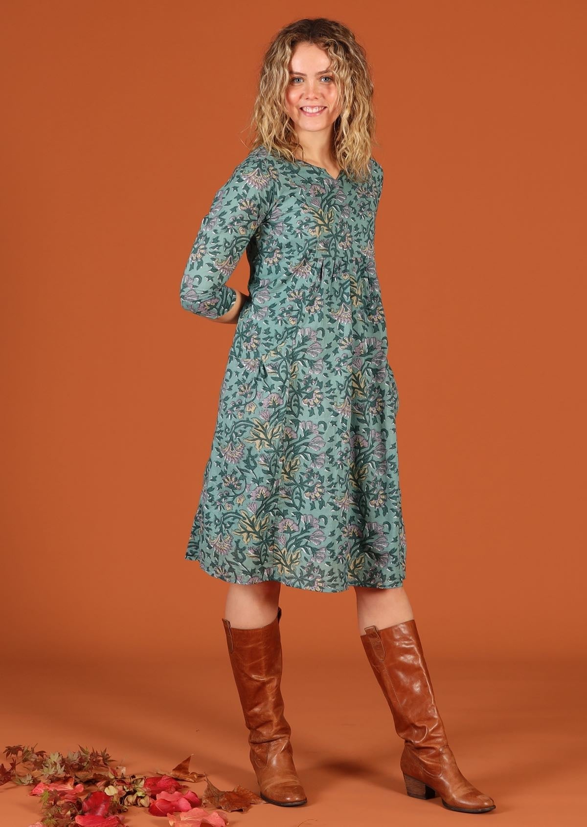 100% cotton sage green floral print dress