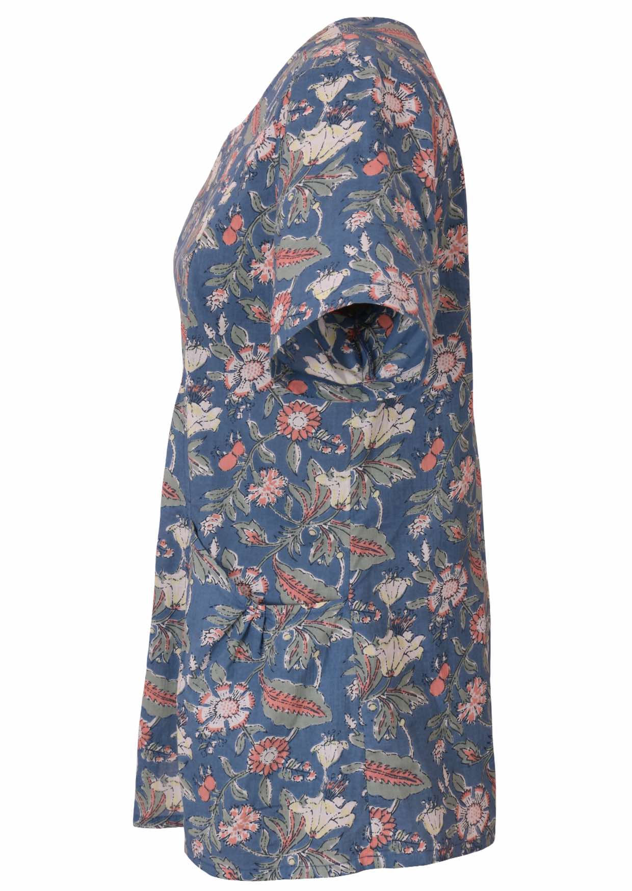 Side view of loose fit cotton blouse with pockets, short sleeves and round neckline in sweet floral print on blue background