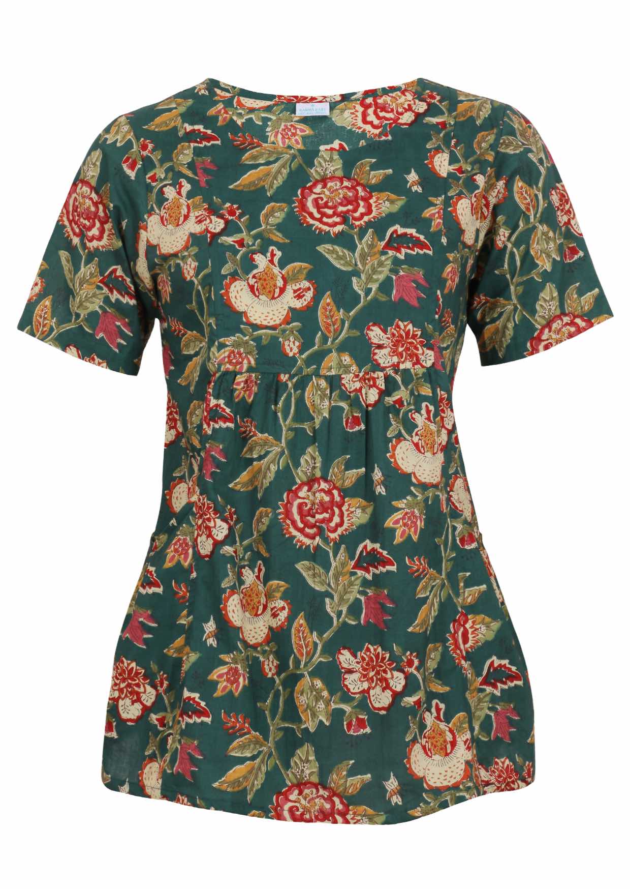 Relaxed fit 100% cotton top in bottle green based floral print with short sleeves, pockets and gathers under the bust