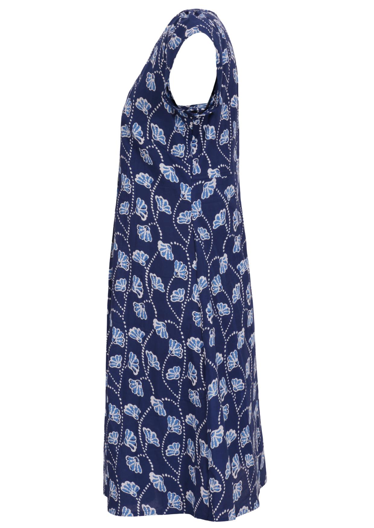 Side mannequin photo of cotton above knee dress with cap sleeves.