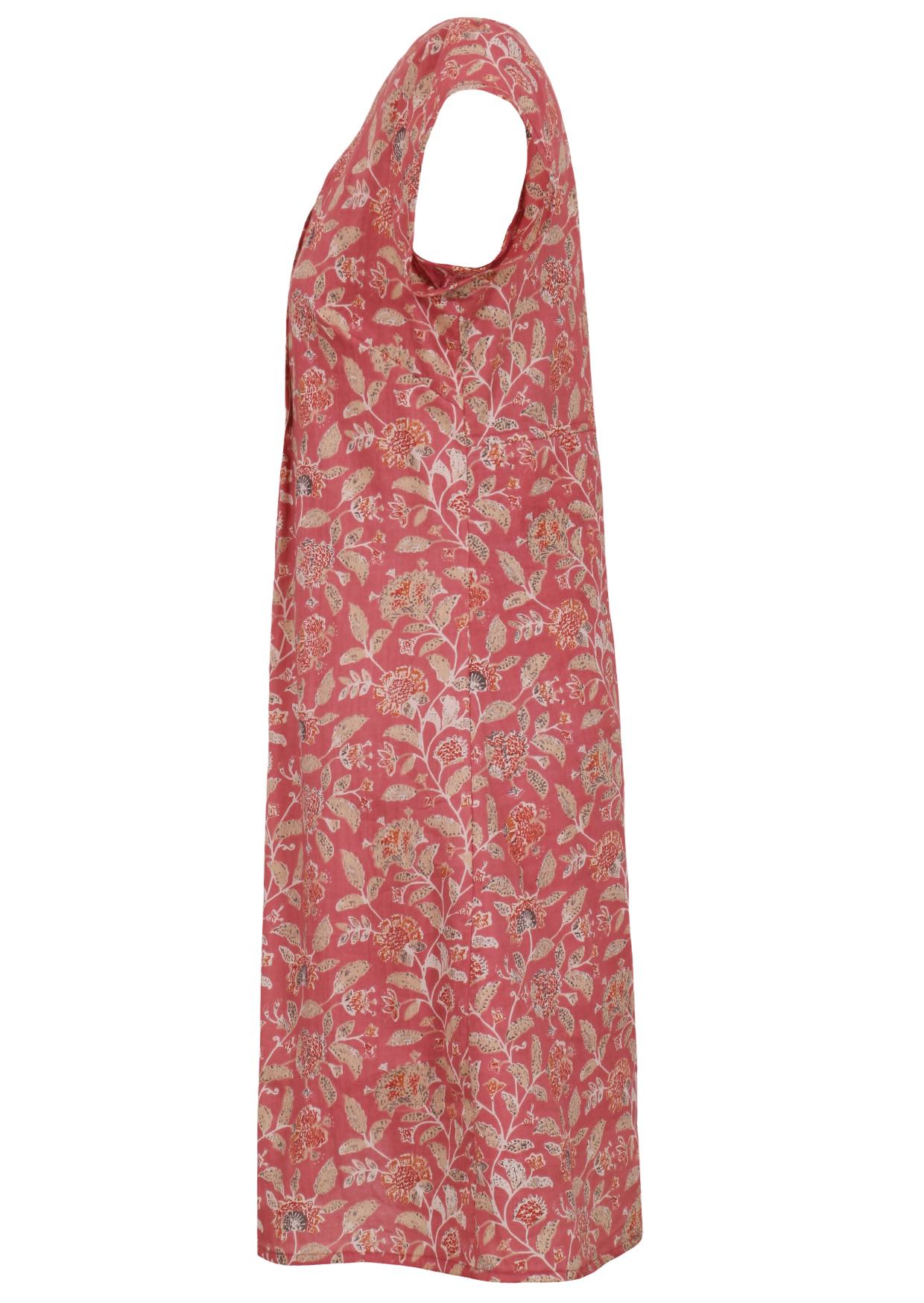 Side mannequin photo of cotton above knee dress with cap sleeves.