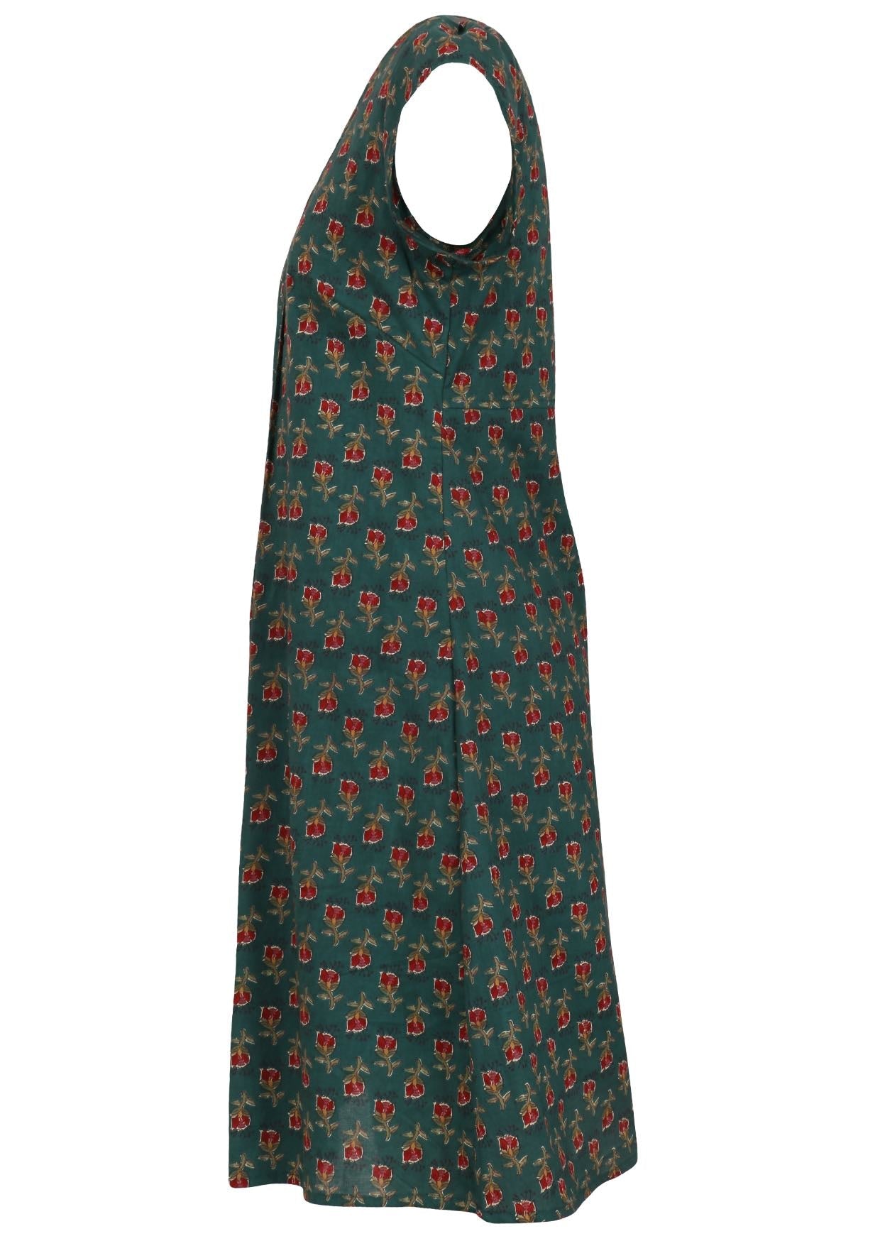 Side mannequin photo of cotton above knee dress with cap sleeves.