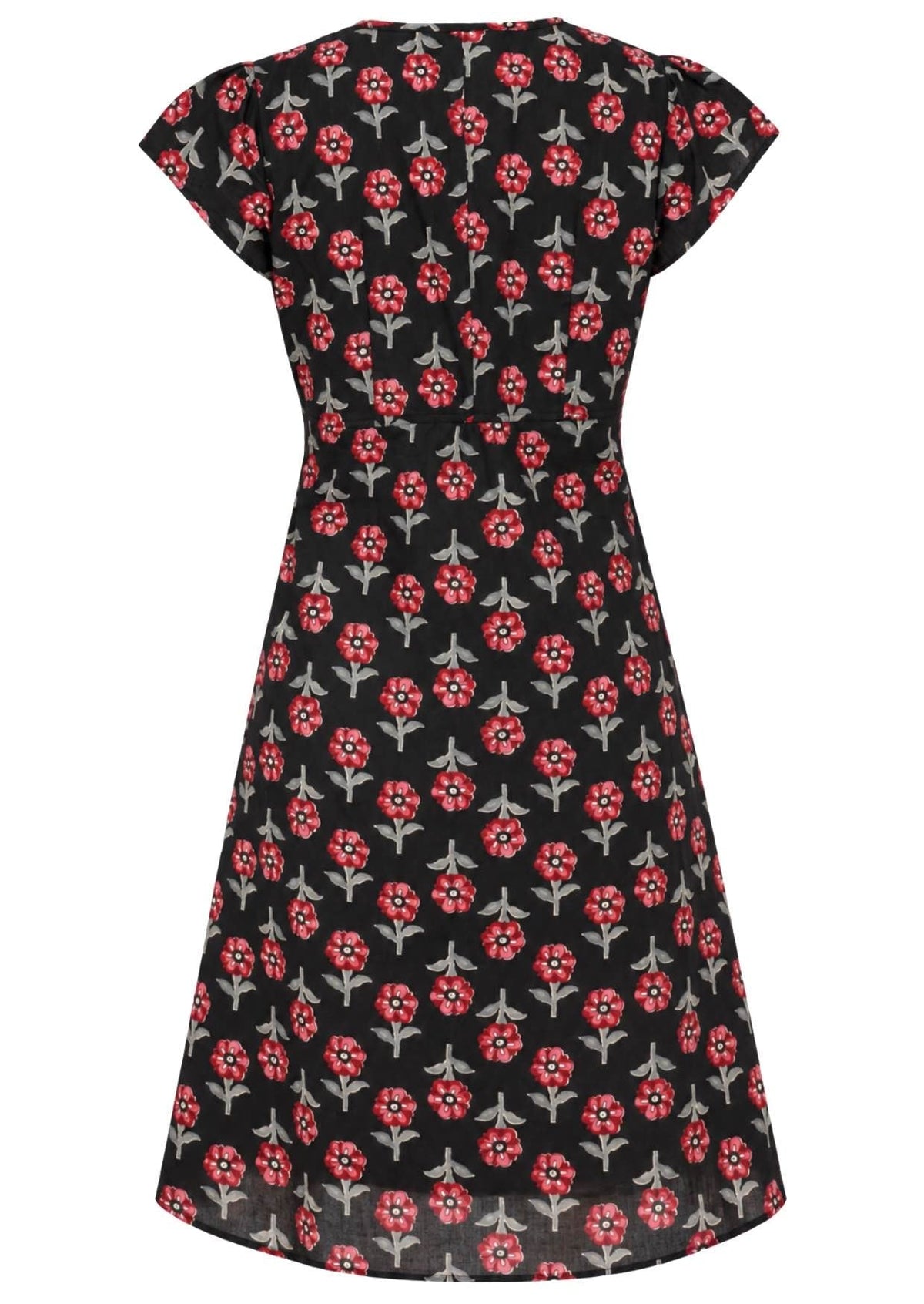 Back mannequin photo of cotton above knee dress in black based floral print.