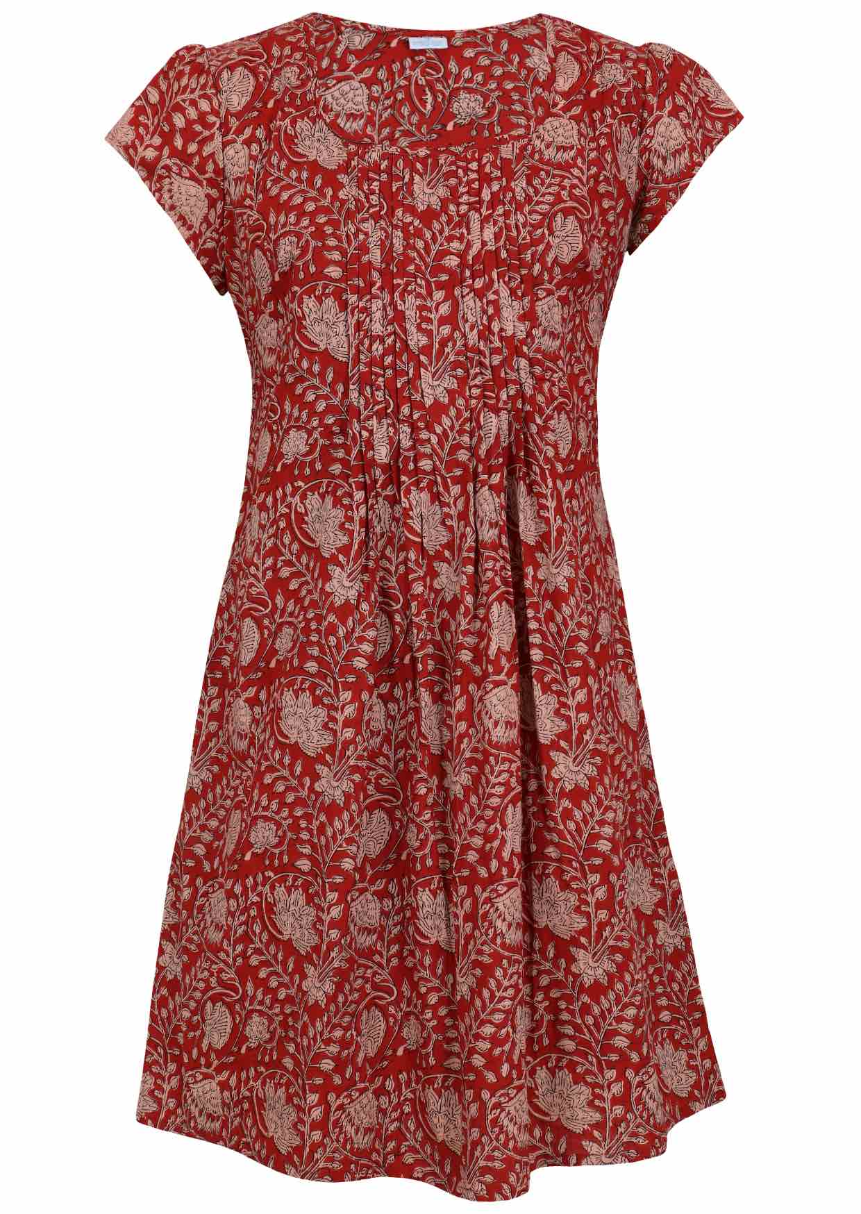 Front mannequin photo of cotton above knee dress in red based warm floral print.