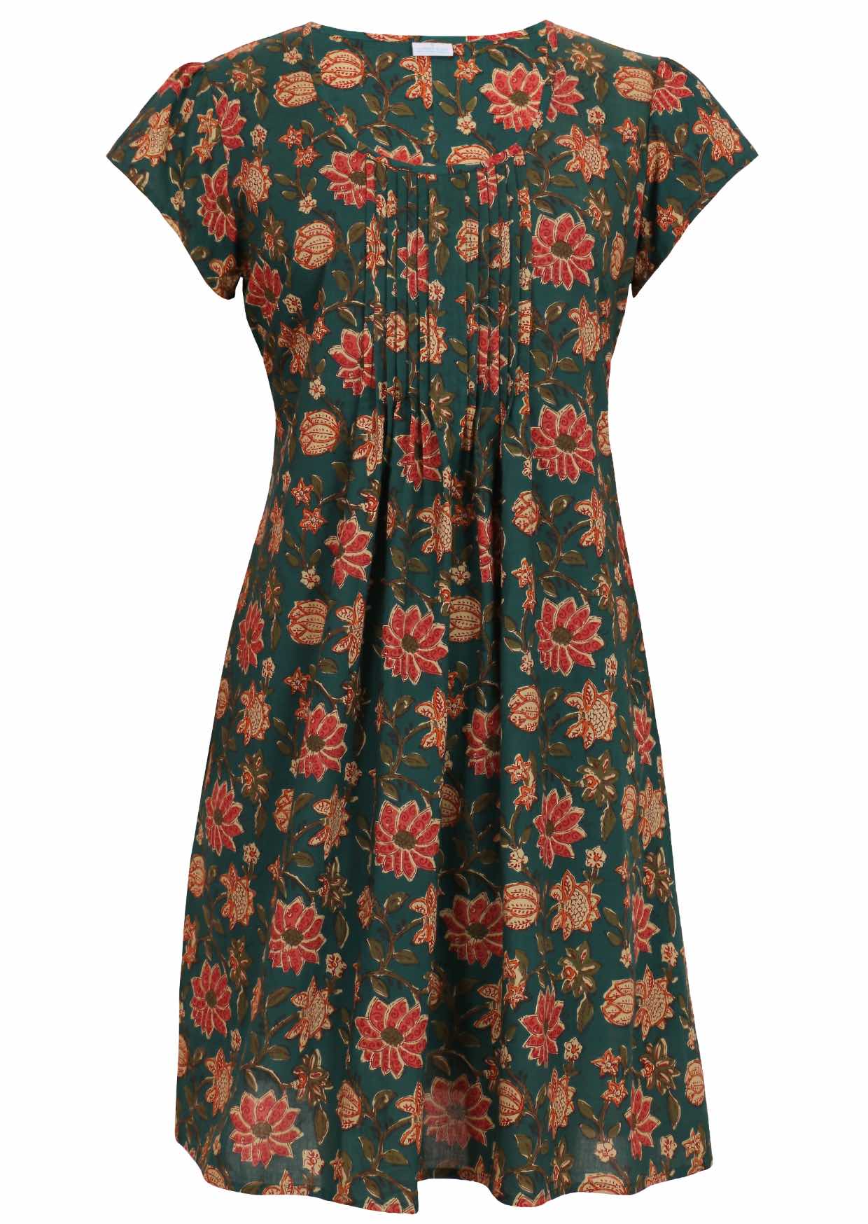 Front mannequin image of a knee length cotton dress in  green based floral print, round neckline and pleats across the bodice.