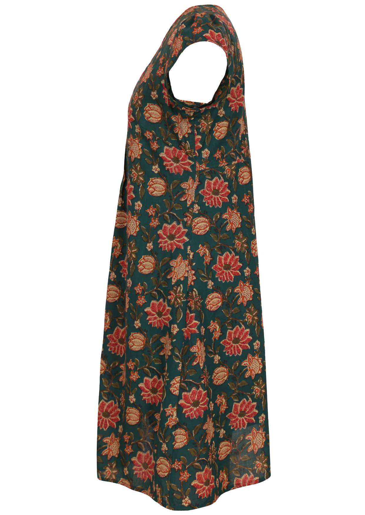 Side image of a 100% cotton dress with short sleeves and round neckline.