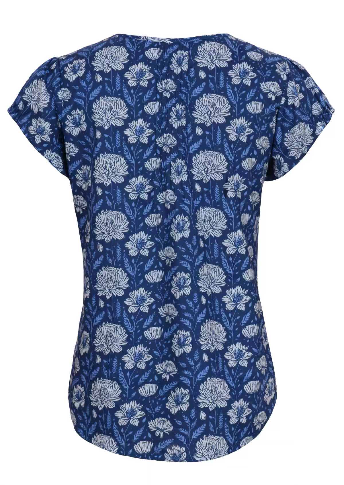 100 percent cotton navy floral blouse with scoop neck cap sleeves back