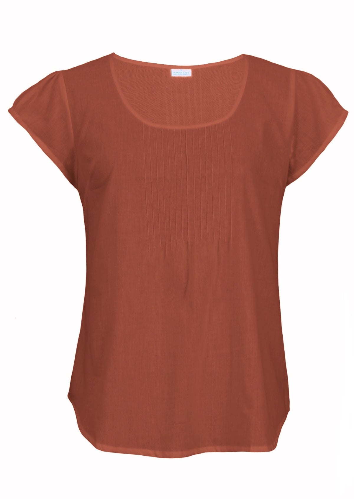Rust orange 100% cotton short sleeve top with scoop neckline and tiny pleated detail across the bust.
