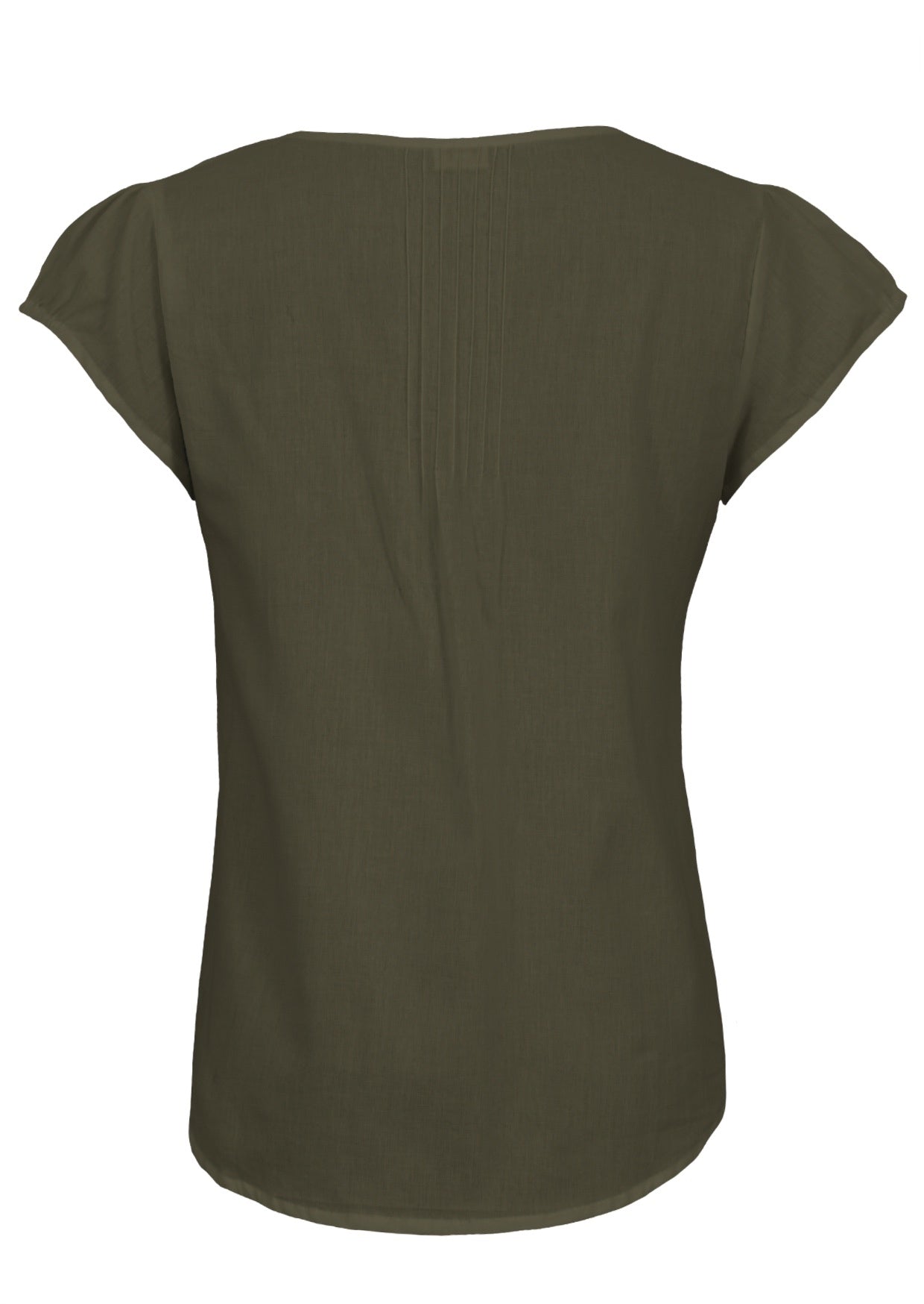 Back of olive green cap sleeve cotton top with pin-tucks in the centre of the back