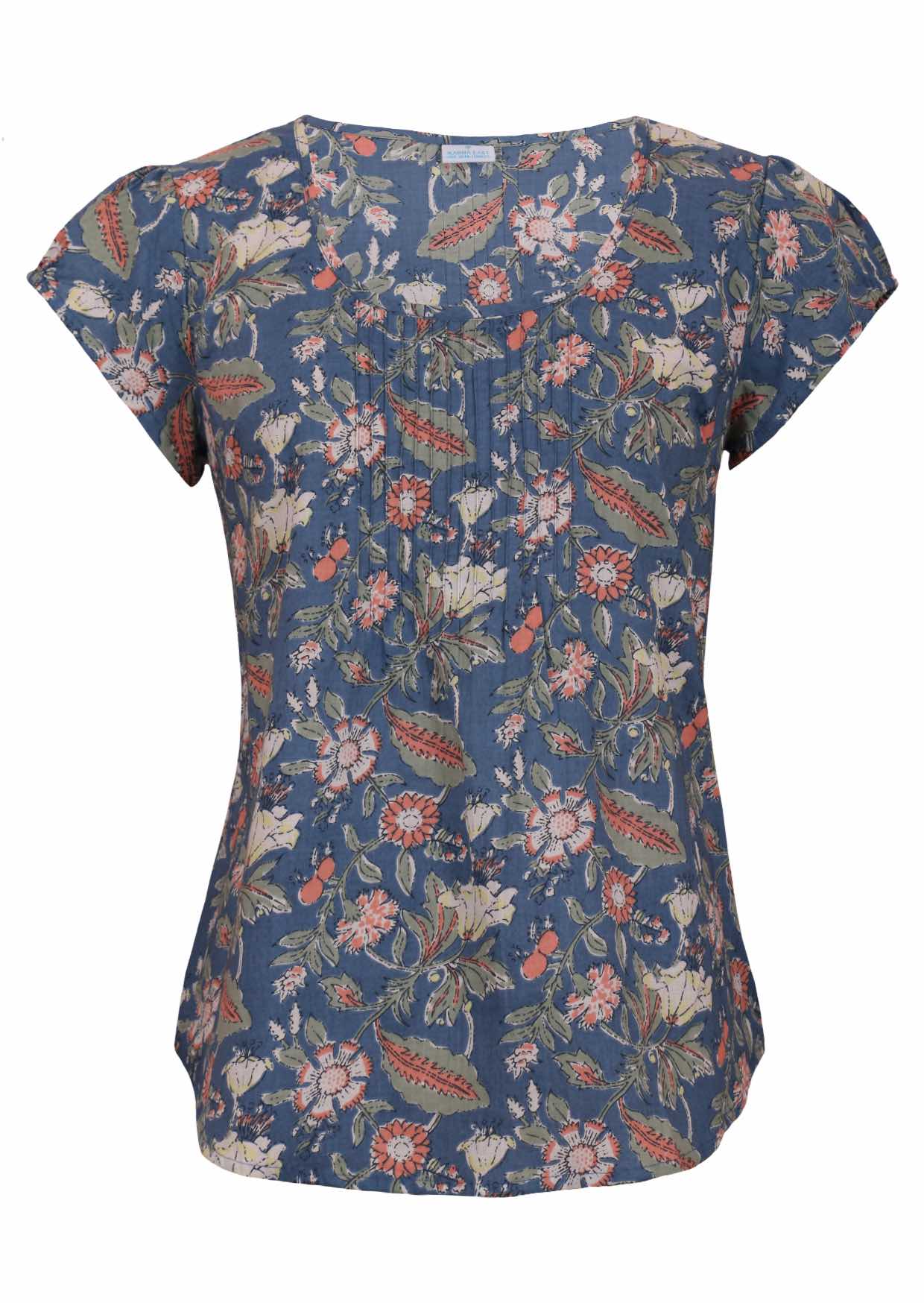 Dusty blue based floral print short sleeve cotton deep round neckline top