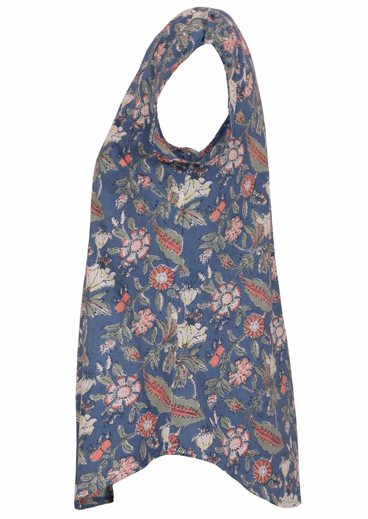 Dusty blue based floral print short sleeve cotton top with scalloped hem