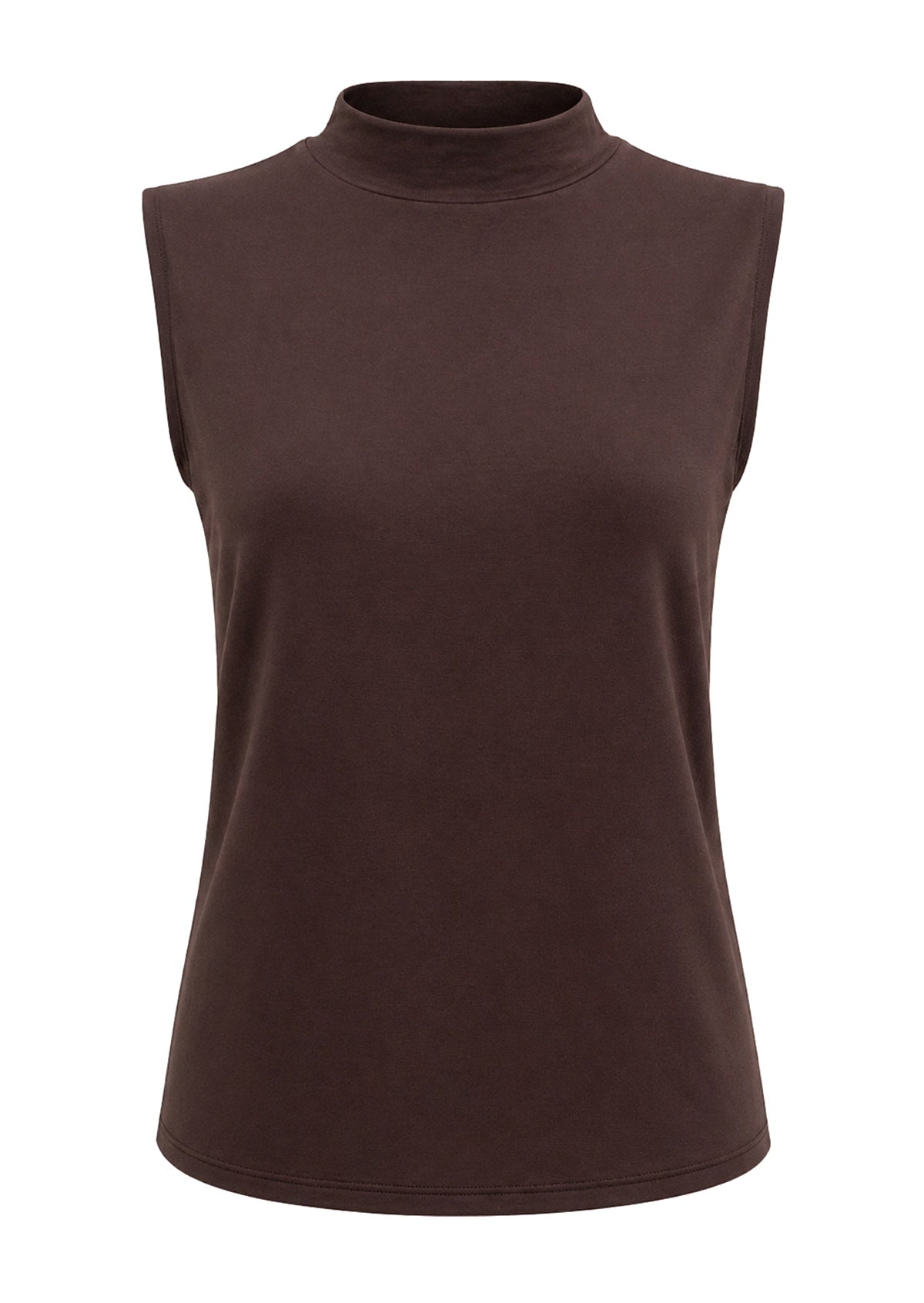 Sleeveless soft stretch rayon jersey mock turtleneck top in dark brown