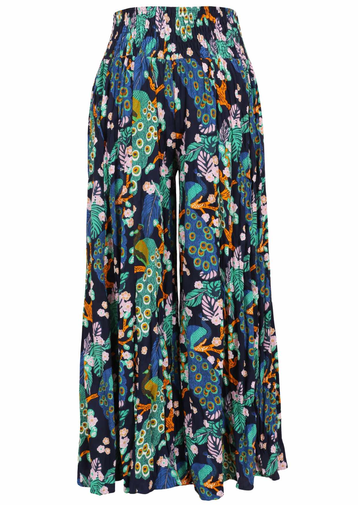 Wide leg rayon pants with a wide shirred waistband, in multicoloured floral and peacock print