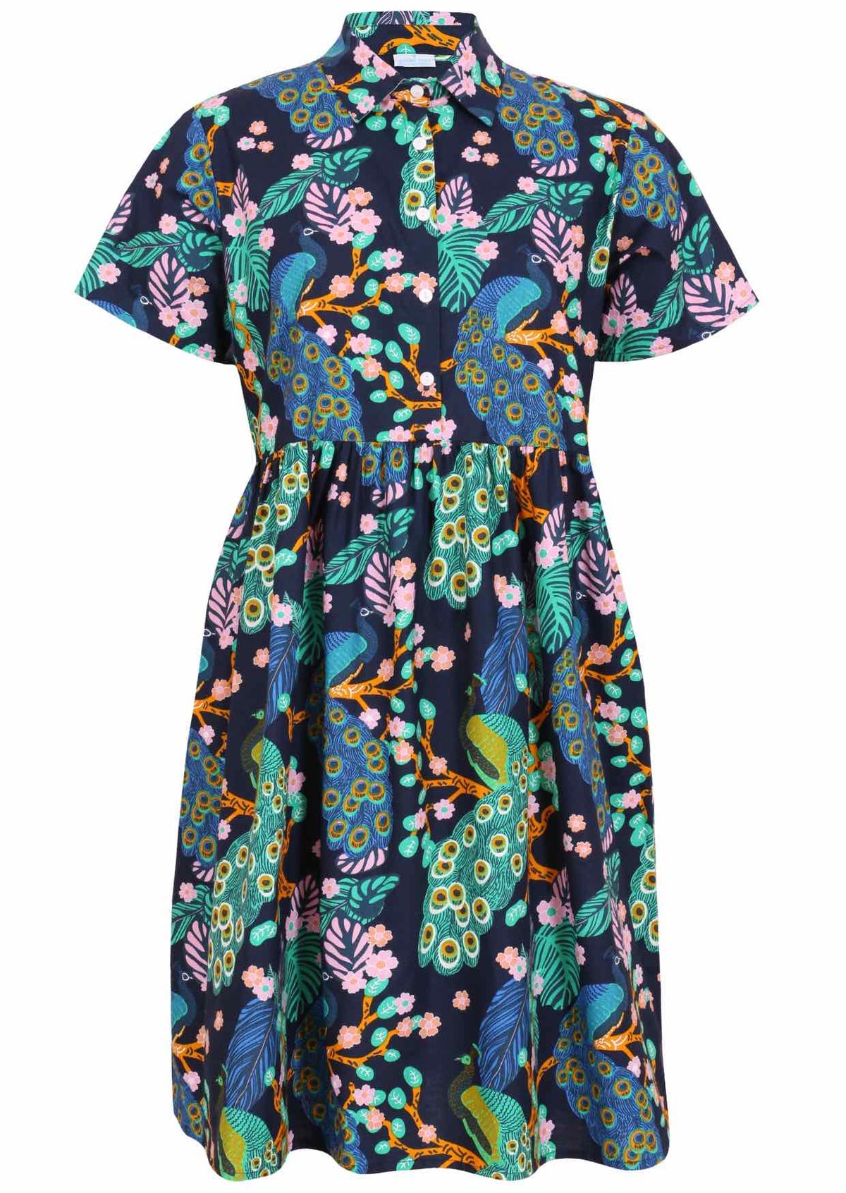 Peacock print on dark blue base cotton relaxed fit collared short sleeve dress