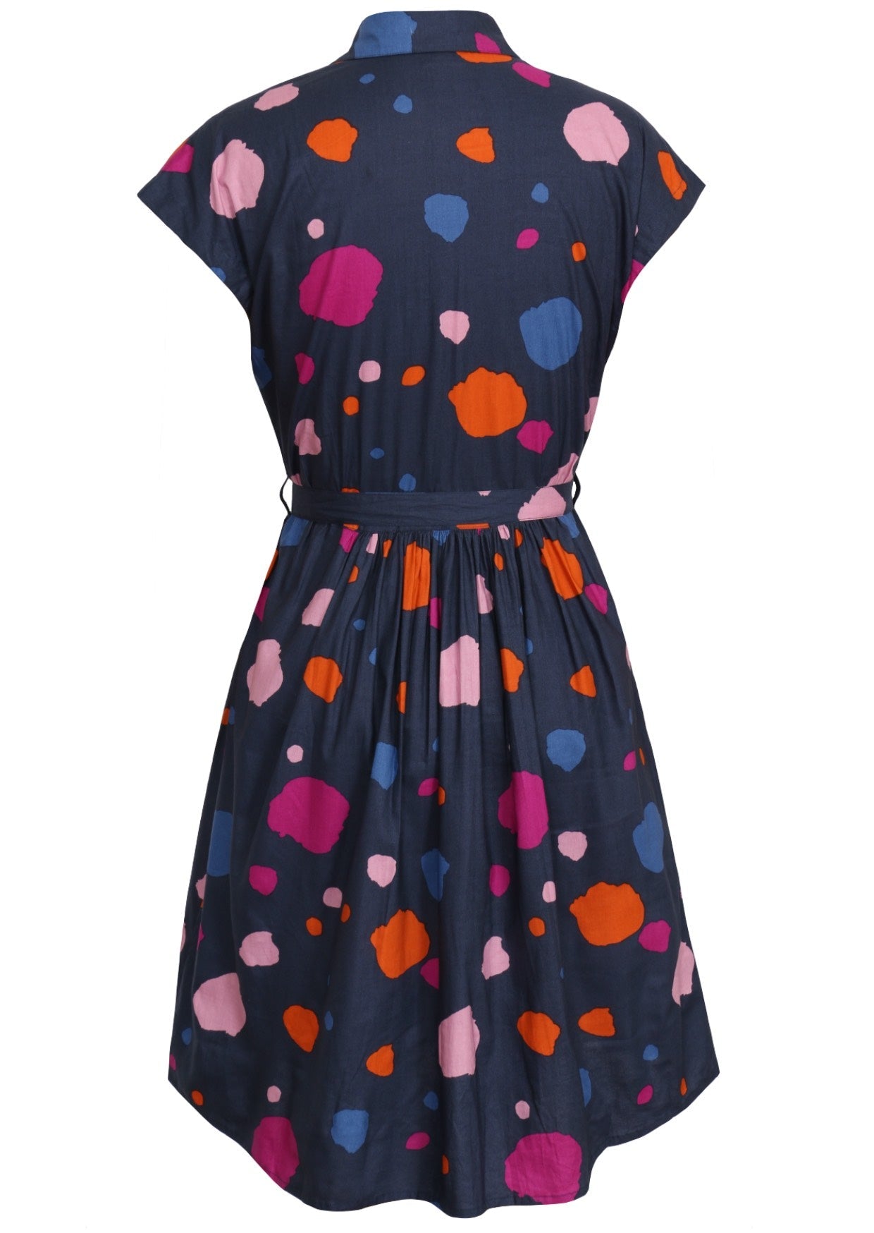 Colourful spots on a blue base cotton dress with cap sleeves and gathers in the back waist