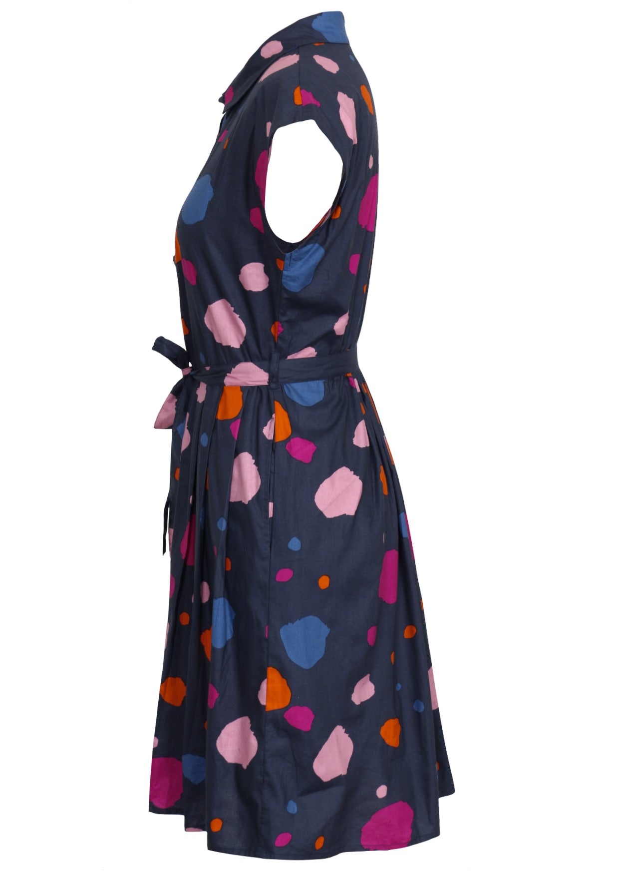 Navy based colourful spots dress with hidden side pockets and a waist tie