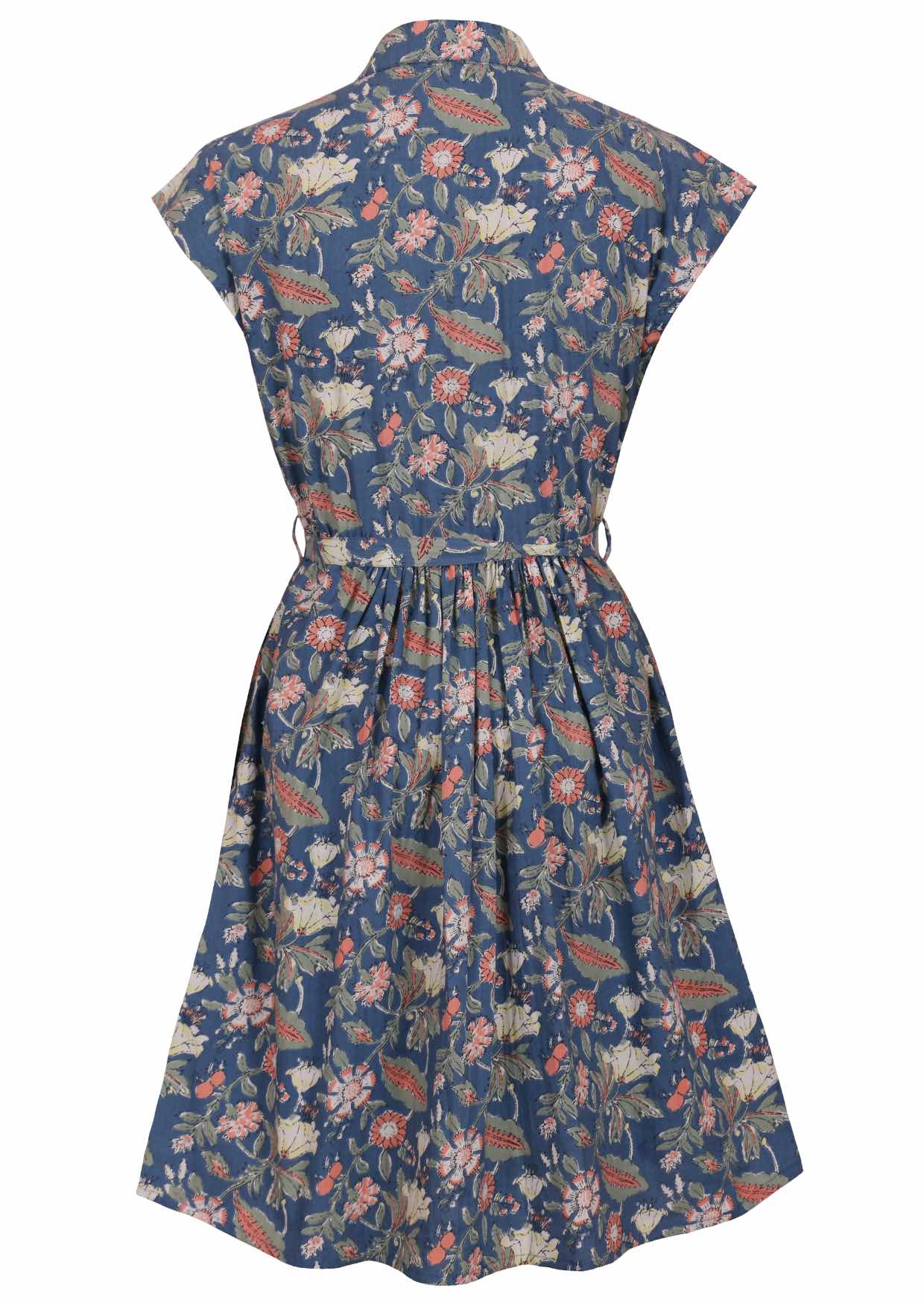 Blue floral shirt style cotton dress with pockets, cap sleeves and small gathers at back waist