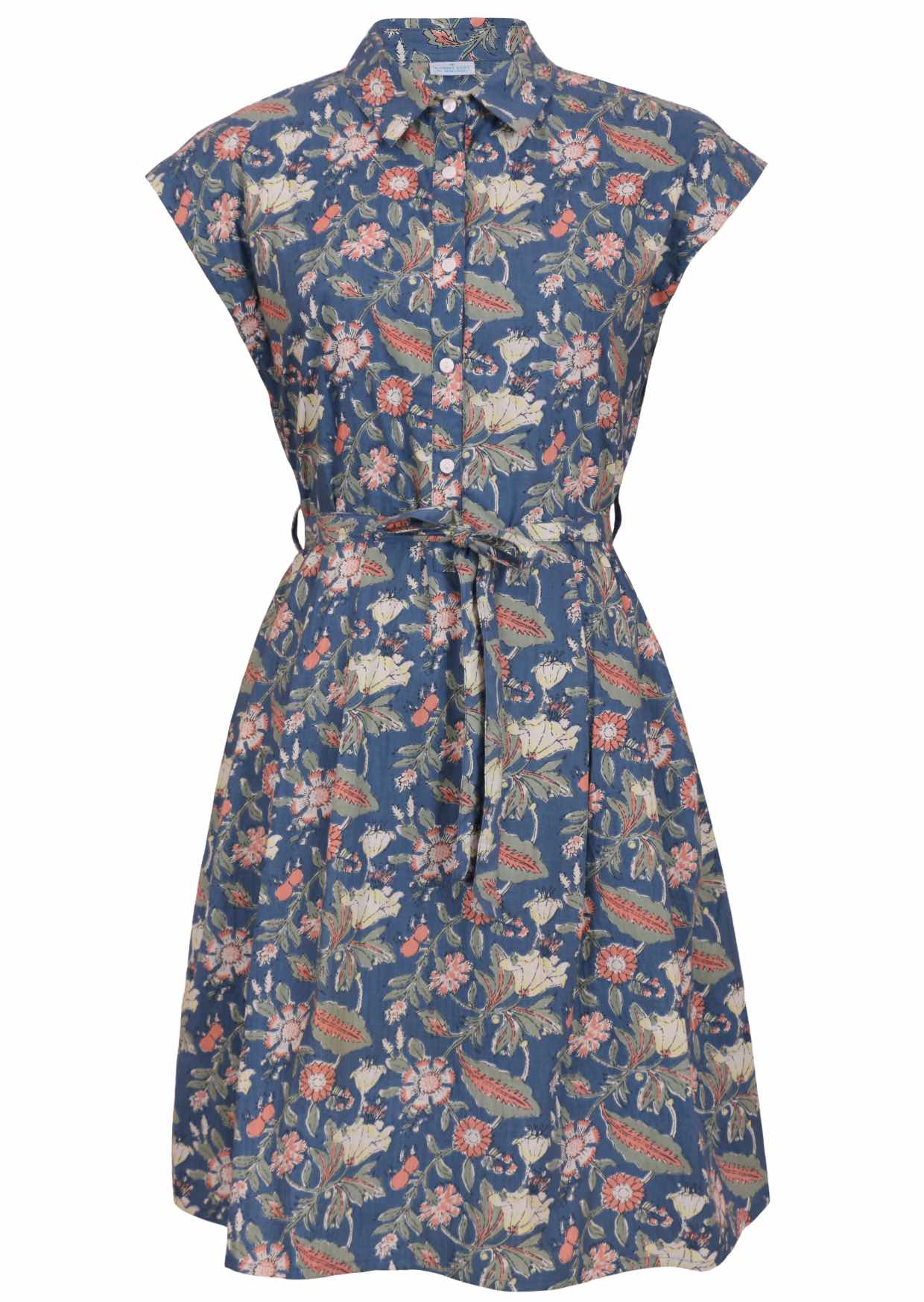 100% cotton knee length shirt style dress in dusty blue with cap sleeves, buttoned bodice, box pleats and fabric waist tie