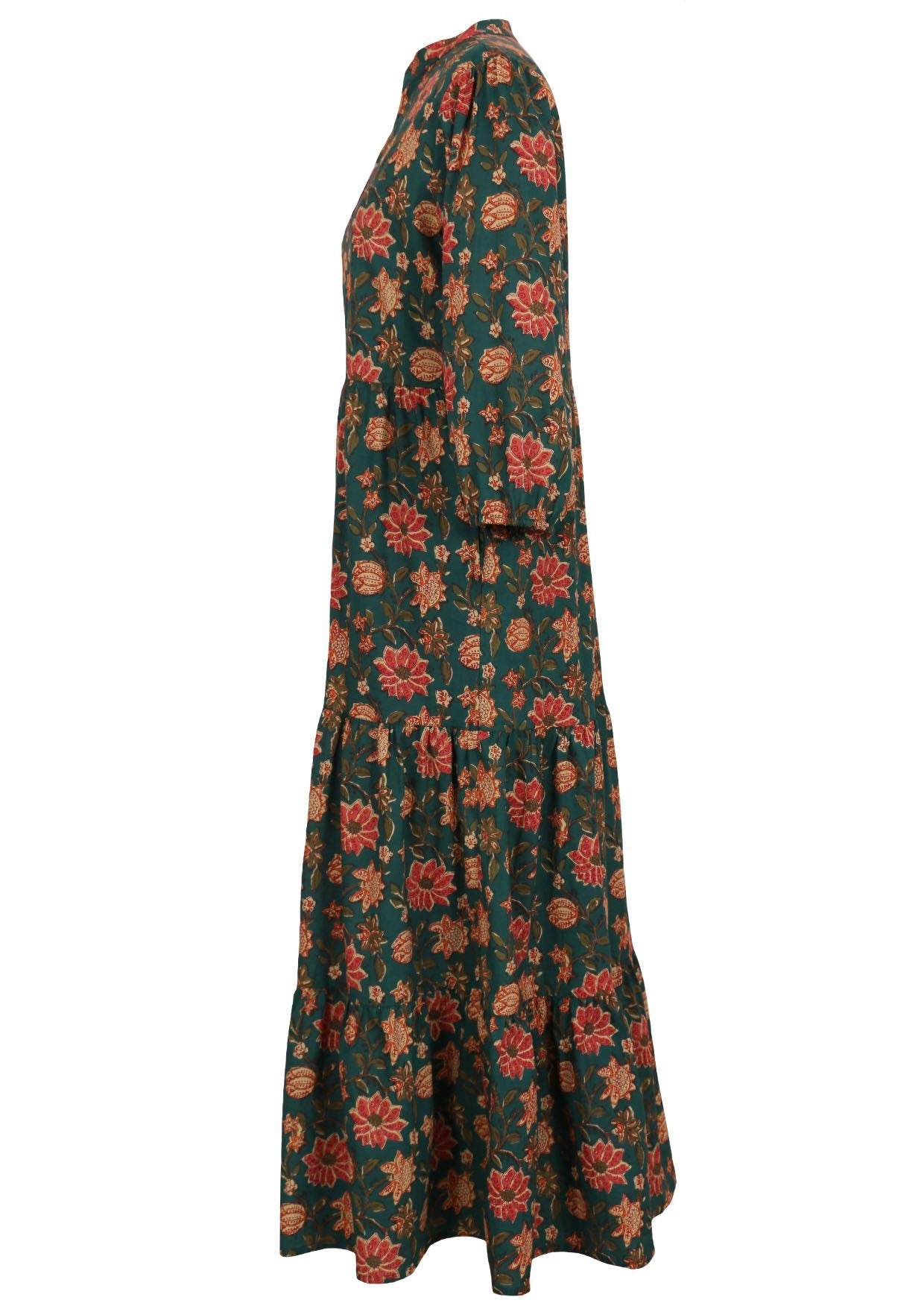 Side mannequin photo of a full length maxi dress with 3 tiers, collar and buttoned bodice.