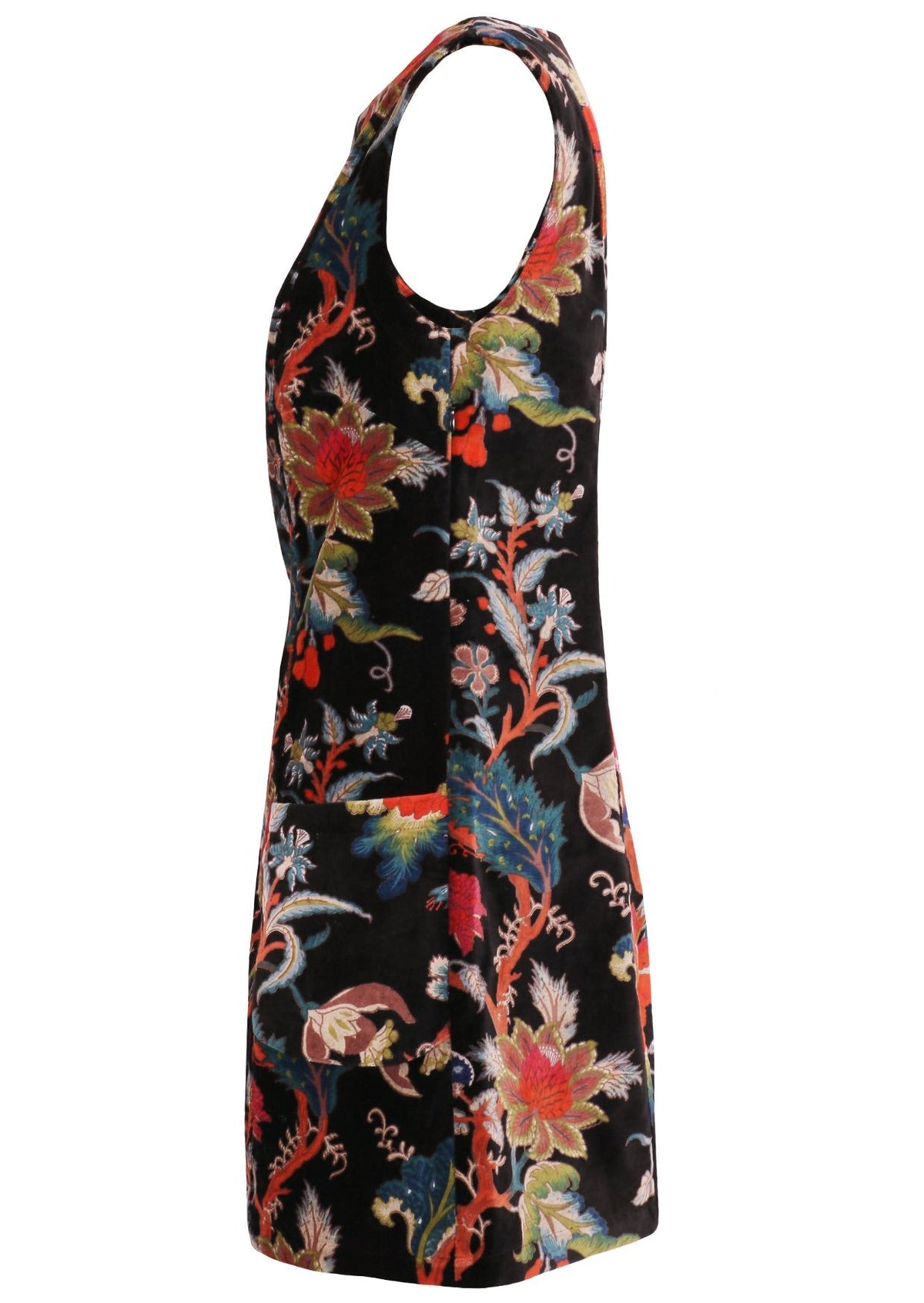 Side view of black based multi-coloured floral print cotton velvet sleeveless tunic with pockets and side zip