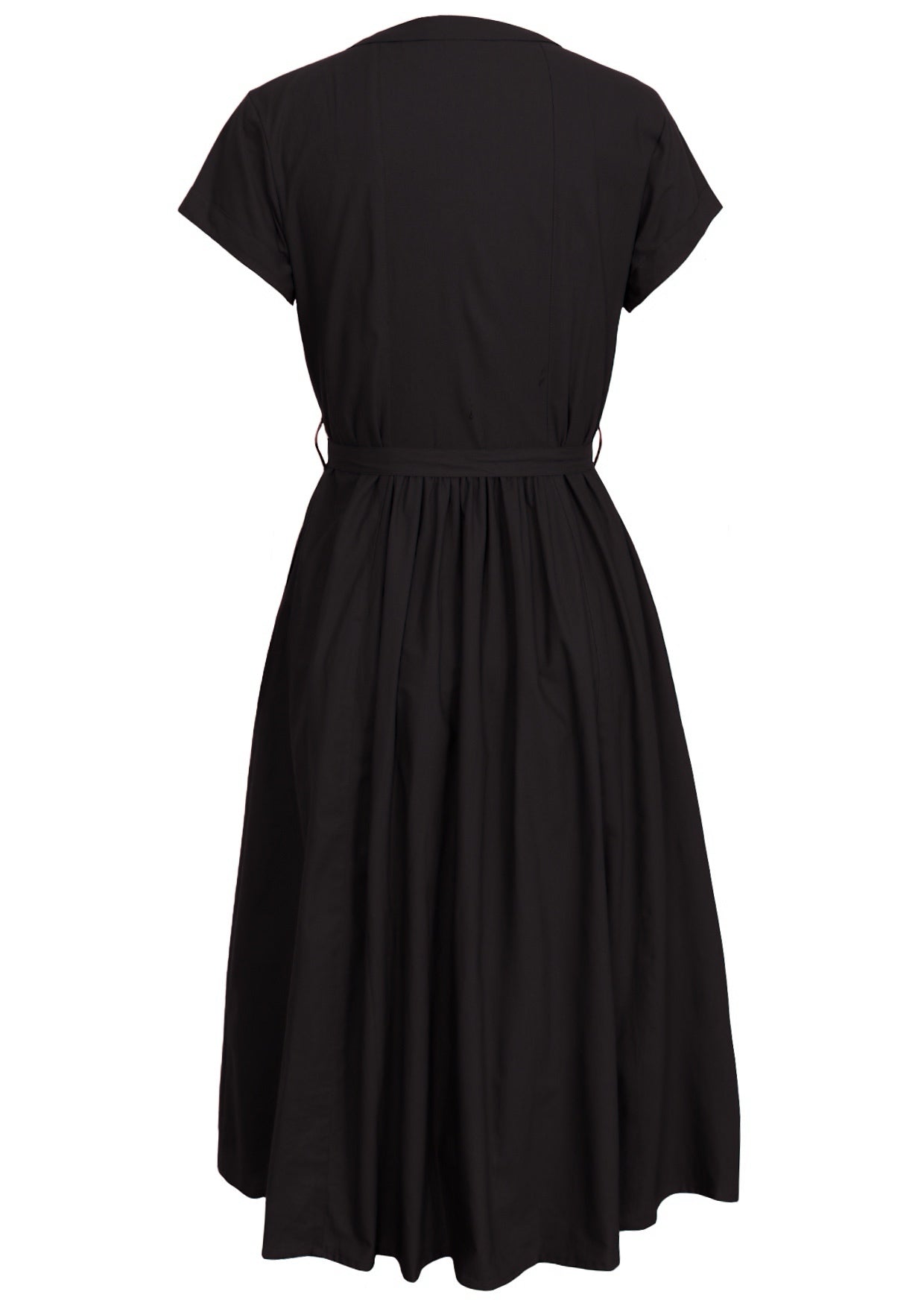 Button through 50's style black dress with cap sleeves, waist tie and gathers at the back