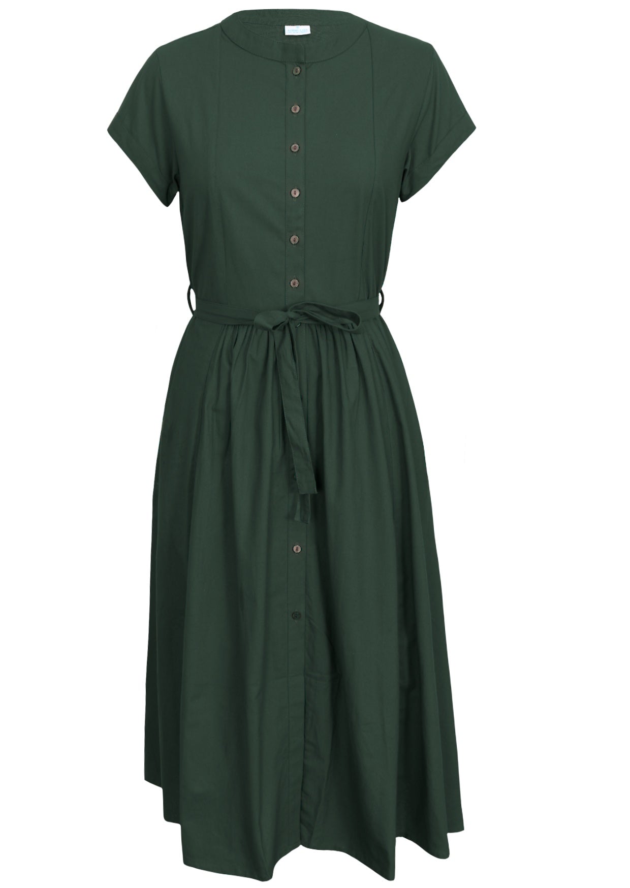 100% cotton button through retro dress in dark green with hidden side pockets, pleats and fabric waist tie