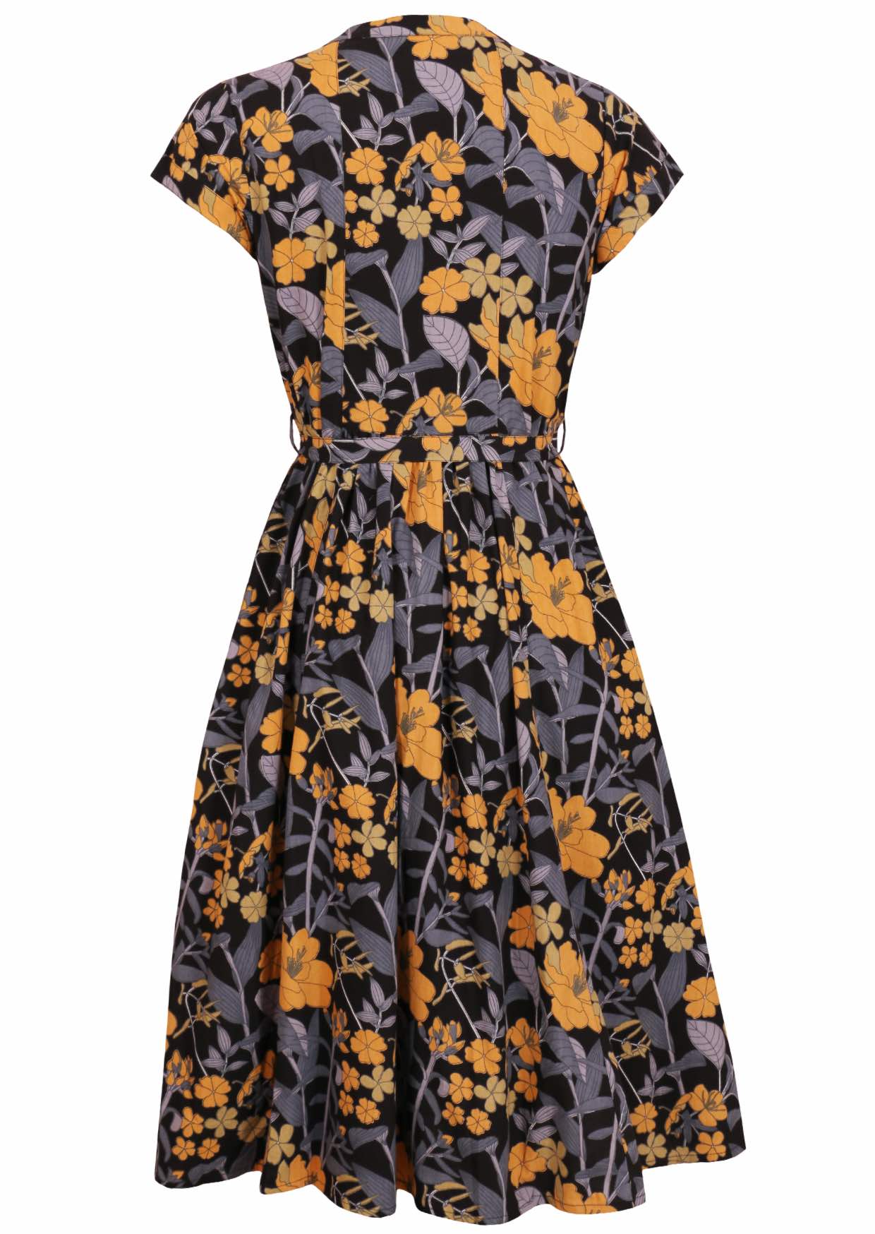 50's style cotton midi length dress with a waist tie and cap sleeves