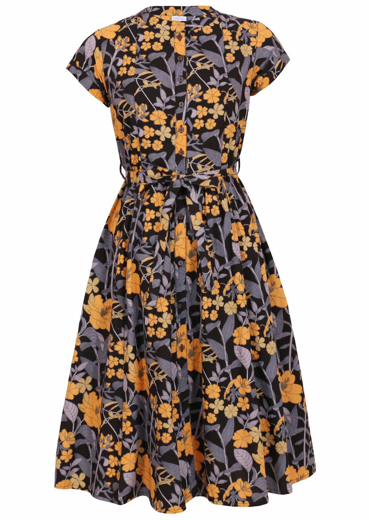 50's style cotton button through midi length dress with a waist tie