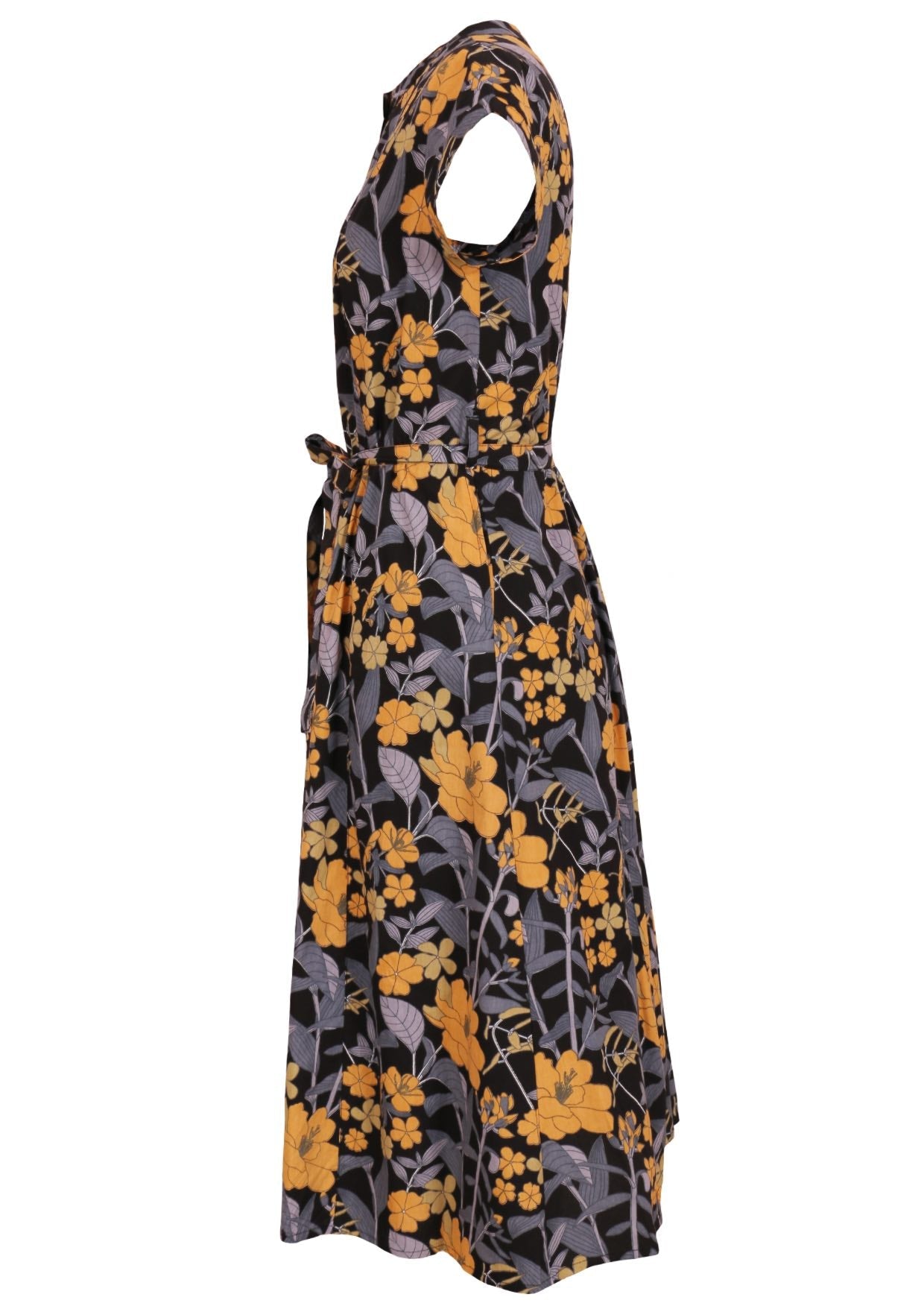50's style cotton button through midi length dress with a waist tie and hidden side pockets