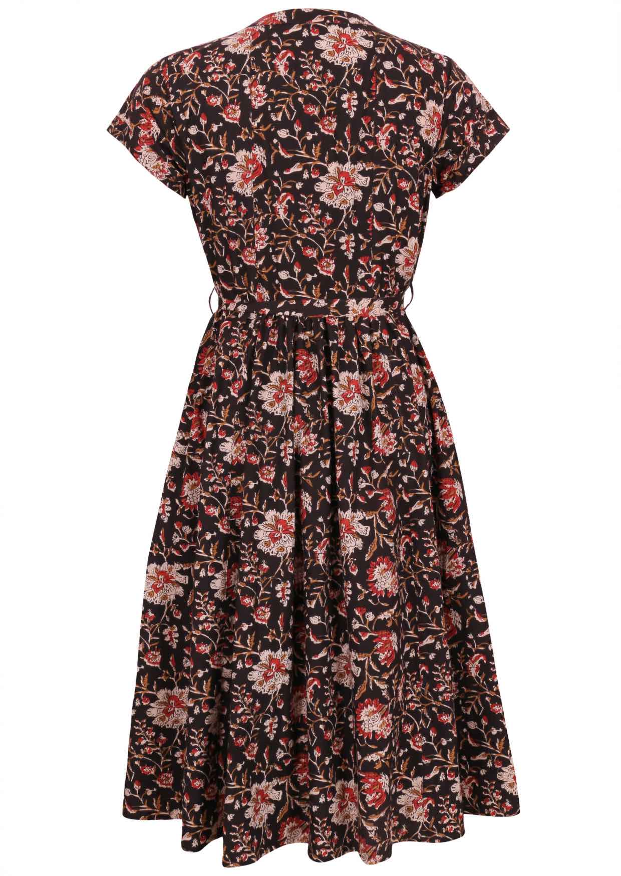 Black based traditional Indian floral print cotton dress with removable waist tie.
