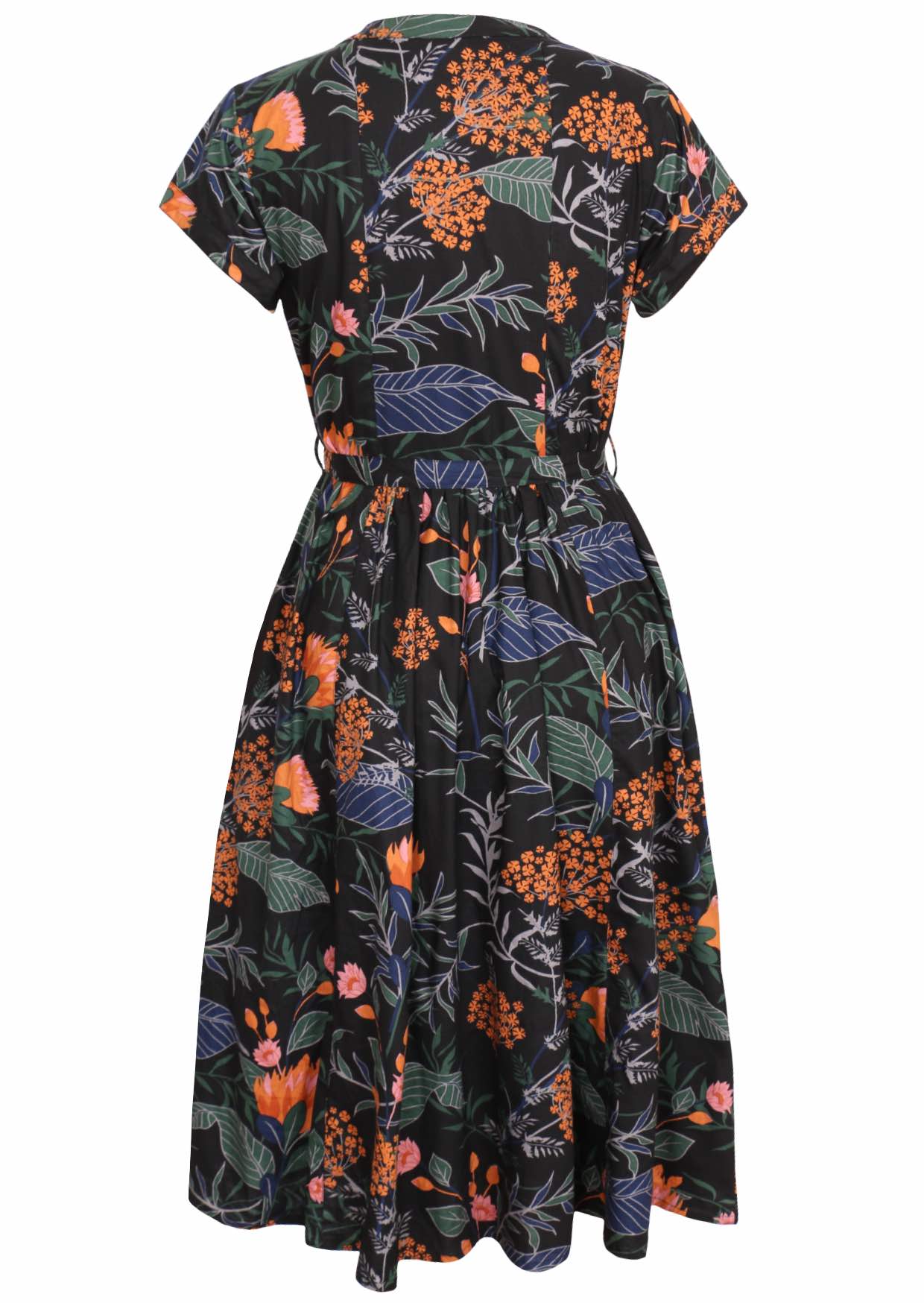 50's style black based floral midi length dress with cap sleeves and a waist tie