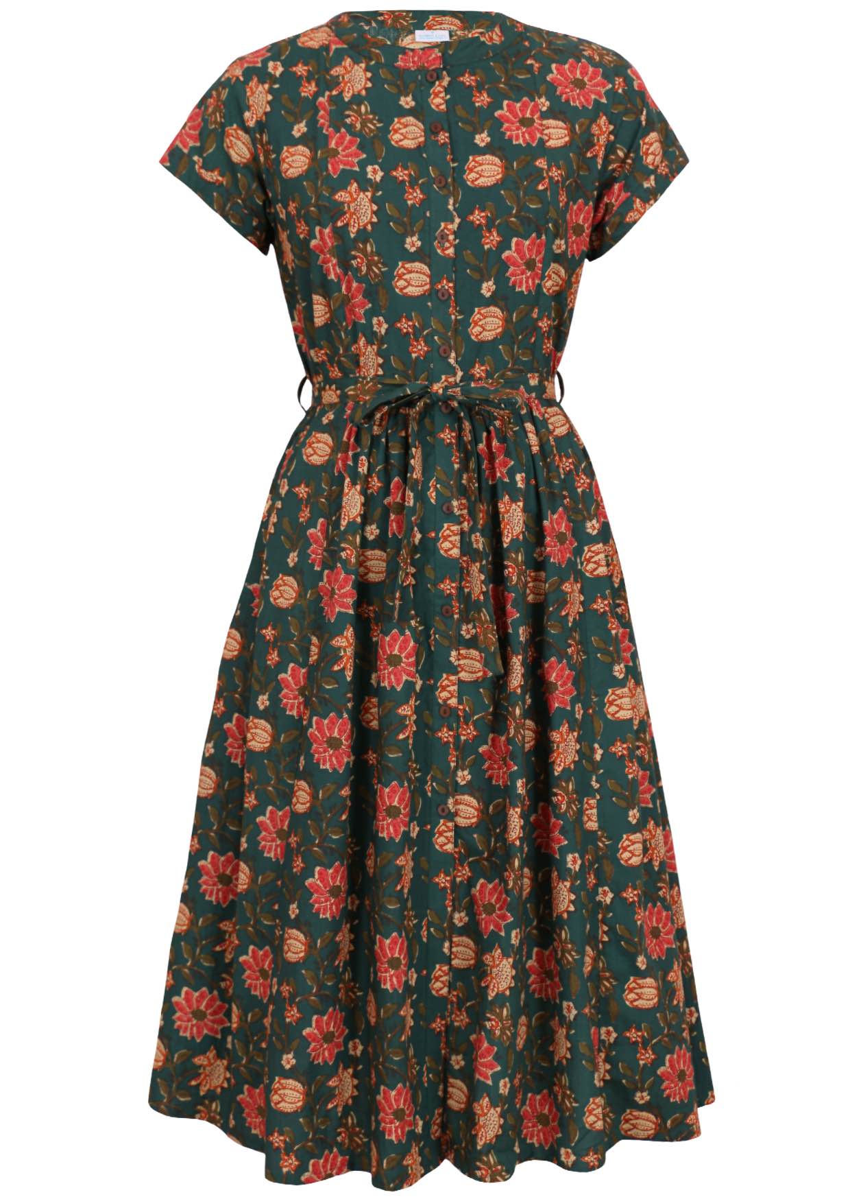 Front view of dark green floral cotton dress with belt and hidden pockets.