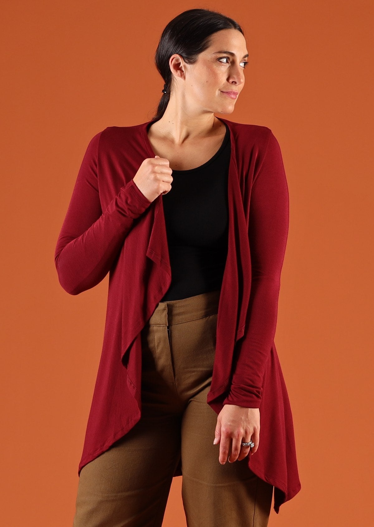 soft stretch rayon maroon red cardi