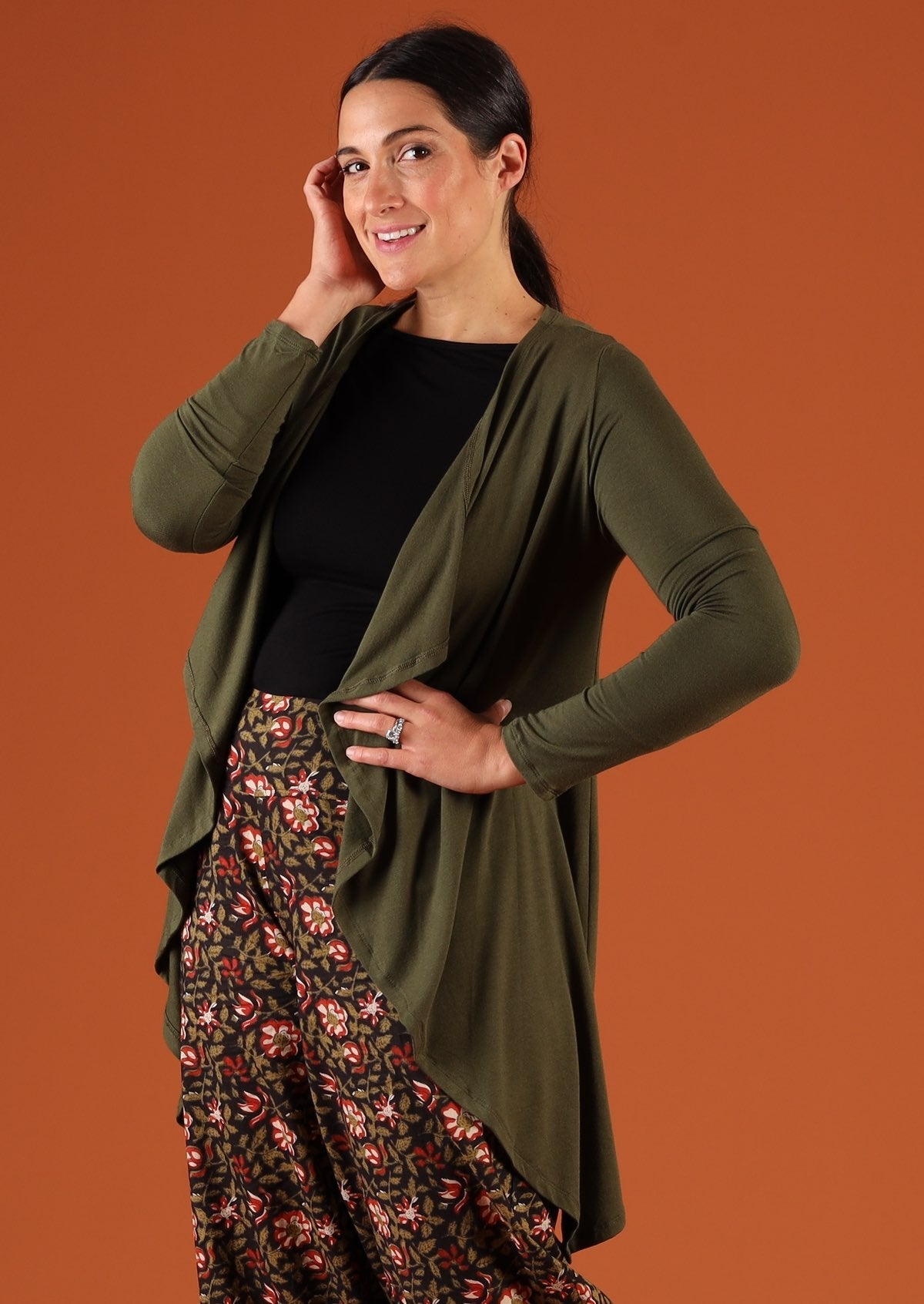 soft stretch rayon olive green cardigan