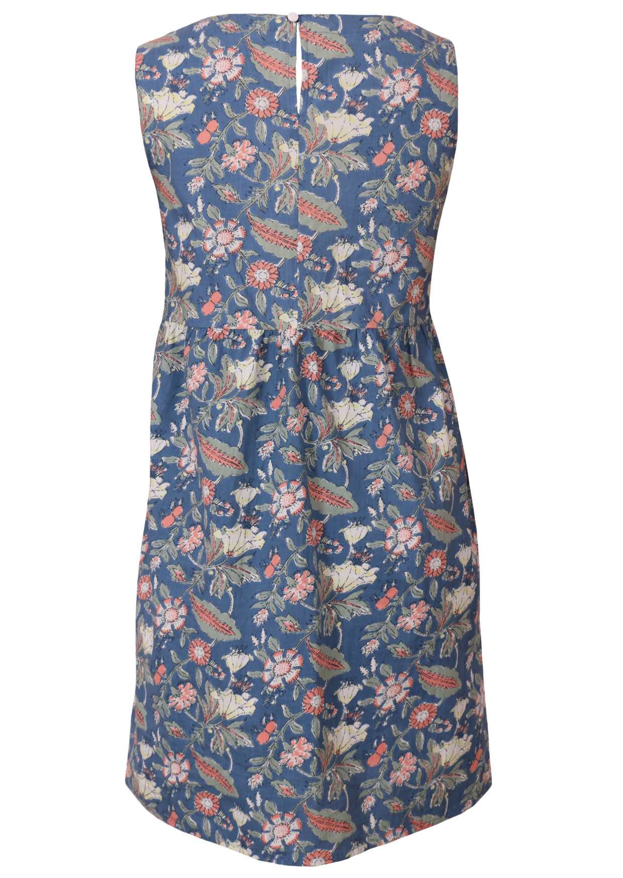 Back view of sleeveless dusty blue floral cotton dress with high round neckline, pockets and button back closure