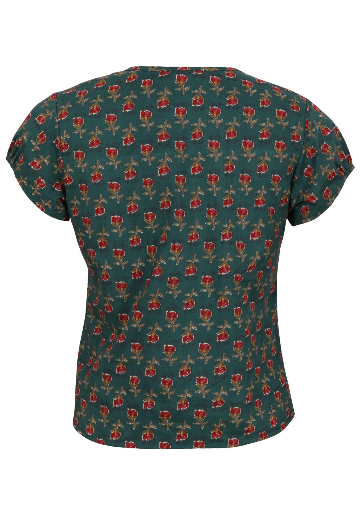 Back view of green based floral print 100% cotton top