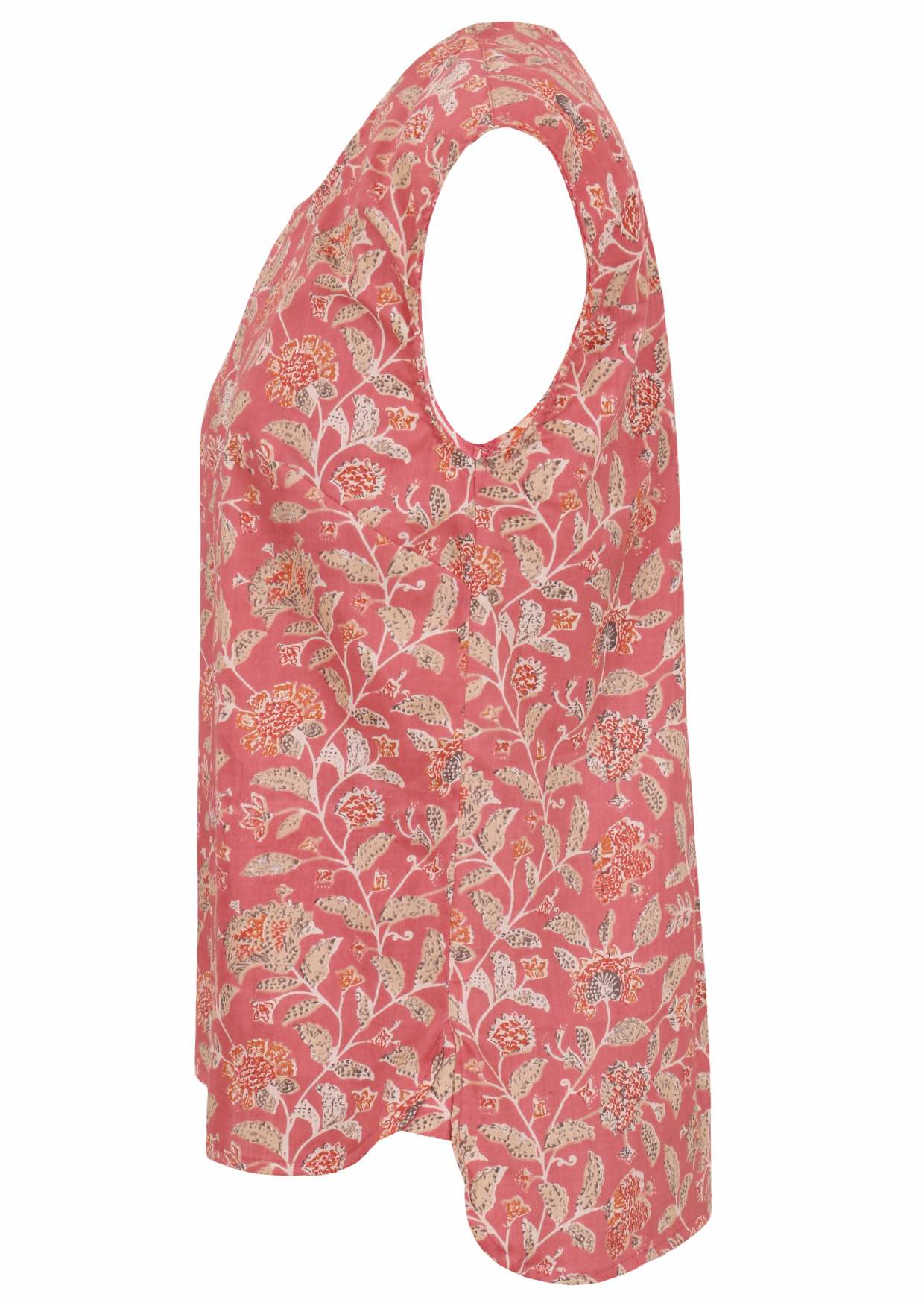 Side view of cotton sleeveless top with a muted floral print with a dusky pink base, back is longer